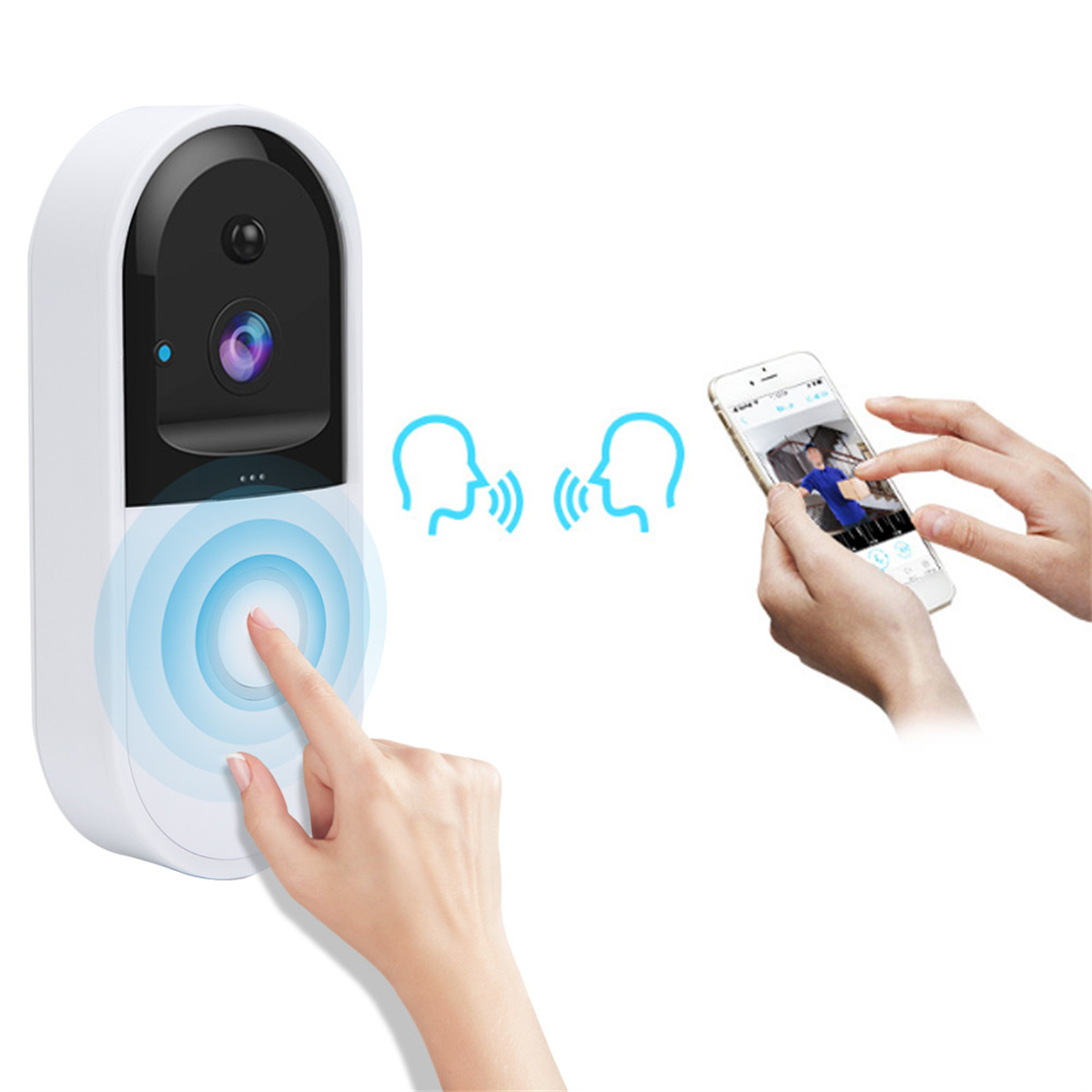 Weiße Türklingel mit Touch-Taste, Hand berührt sie, andere Hand am Telefon, Sprechblasen-Symbole.