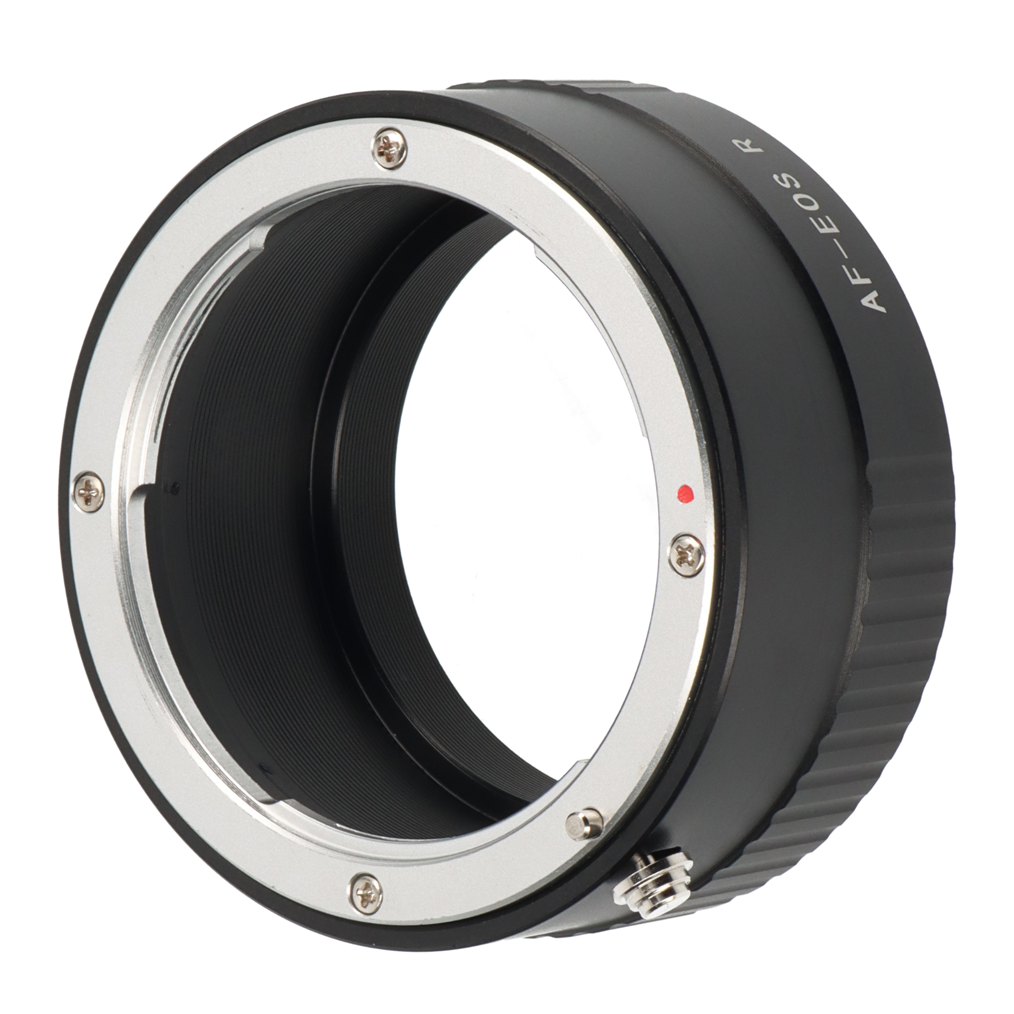 Ein schwarzer Objektivadapter mit silbernen Ringen für Kameras. Mit Schrauben und rotem Punkt.