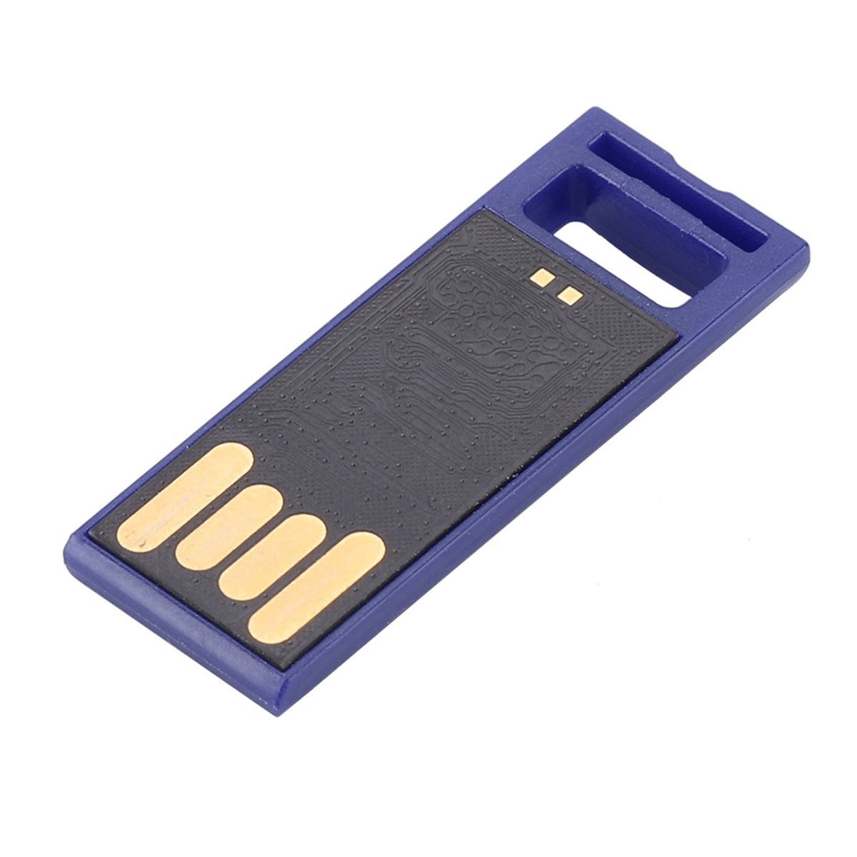 Ein kleiner blauer USB-Stick mit einer schwarzen Leiterplatte.