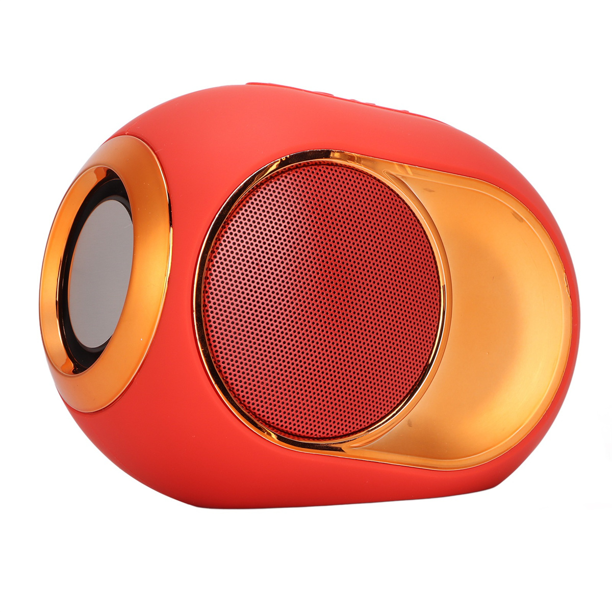 Roter und goldener Lautsprecher mit runder Form, mit einem schwarzen Mesh-Lautsprecher in der Mitte, isoliert.