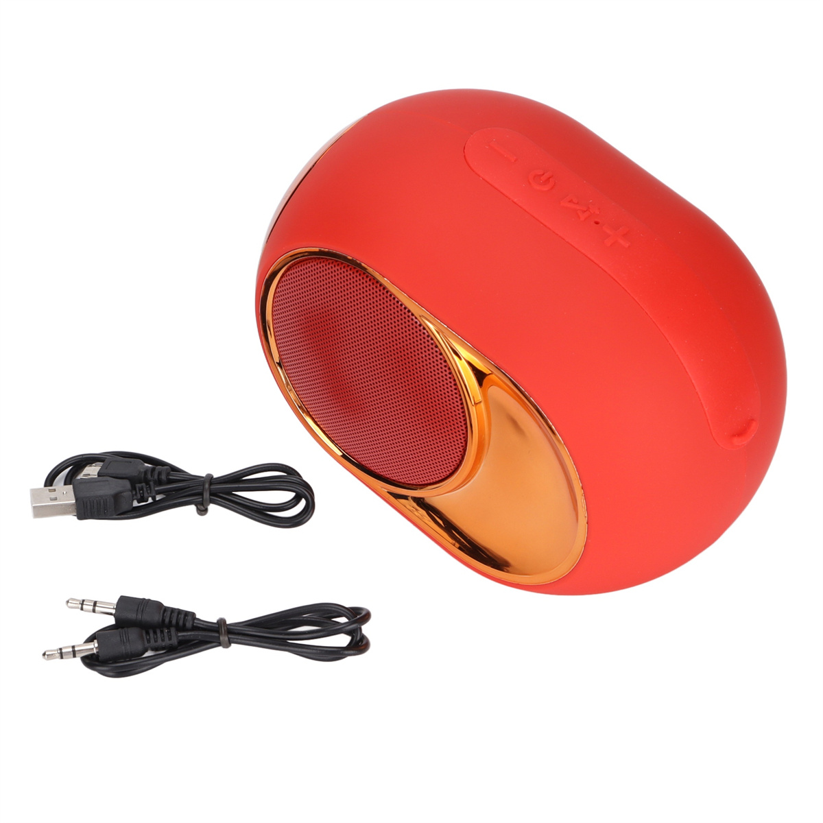 Roter, oval geformter tragbarer Lautsprecher mit goldenen Akzenten, zwei schwarze Kabel.
