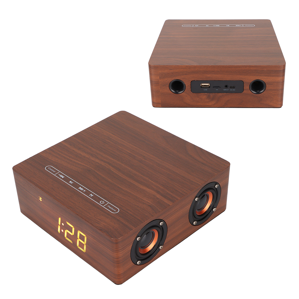 Ein brauner Holz-Lautsprecher mit digitaler Uhranzeige und zwei Lautsprechern.