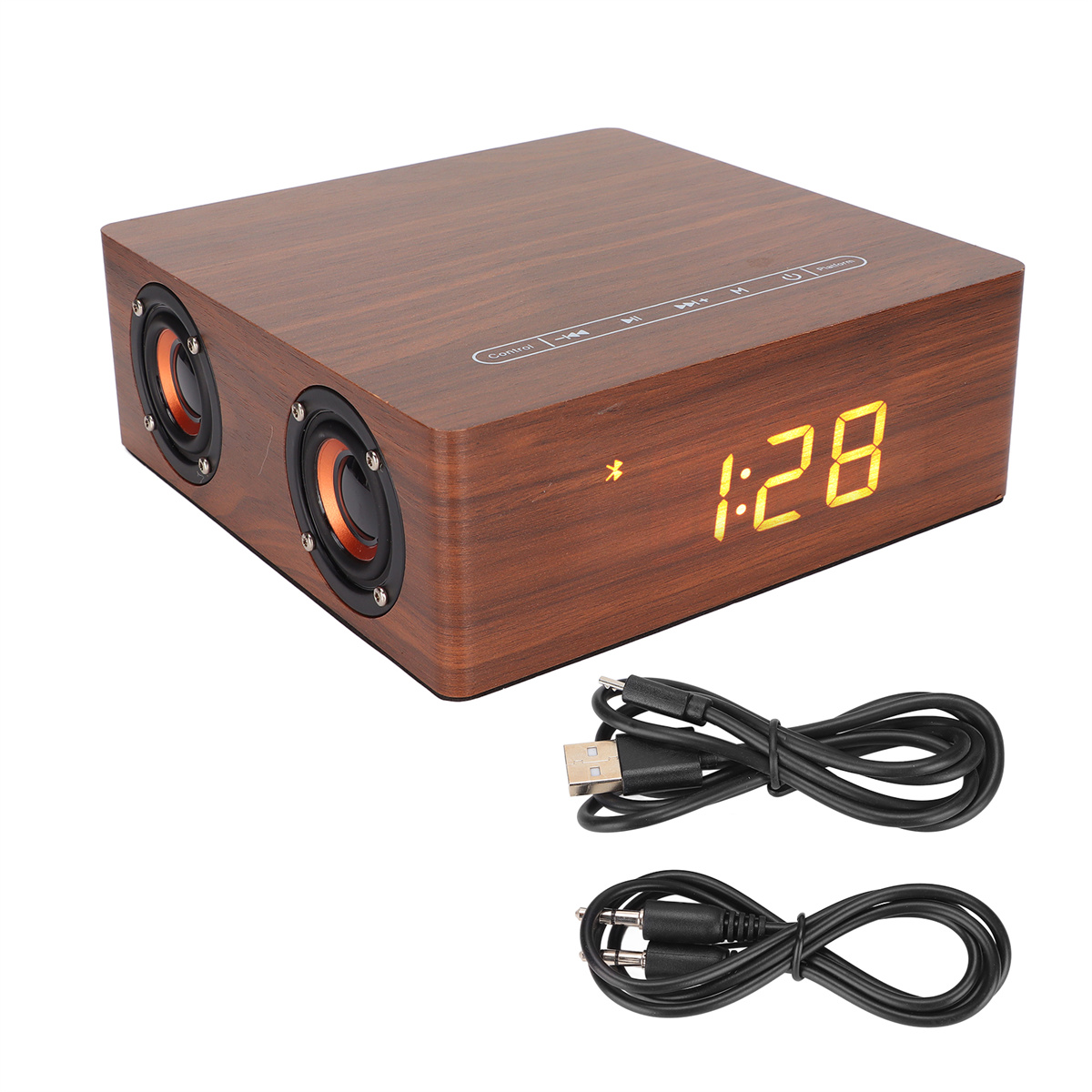 Holzlautsprecher mit Anzeige 1:28. USB- und Aux-Kabel liegen daneben.