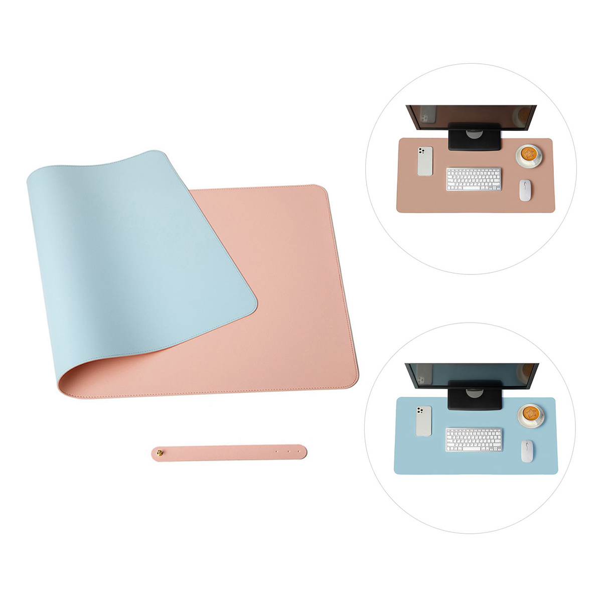 Schreibtischunterlagen in Rosa und Blau, mit rosa Riemen. Zwei Sets mit Computern und Zubehör.