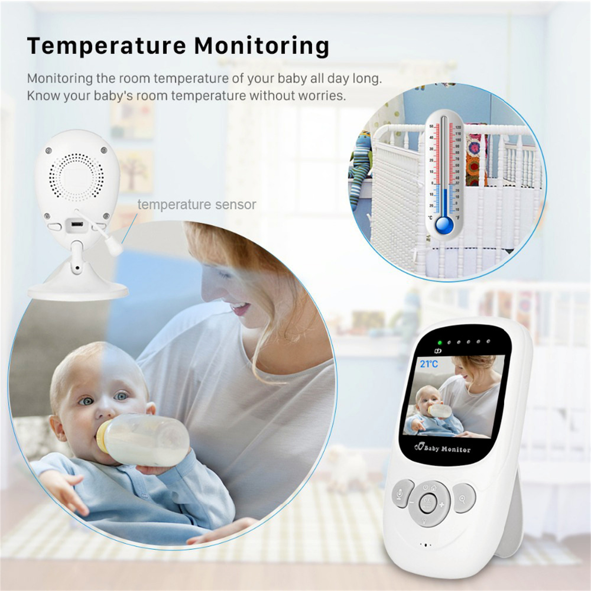 Babyphone mit Baby und Eltern im Blick. Auch Thermometer wird gezeigt.