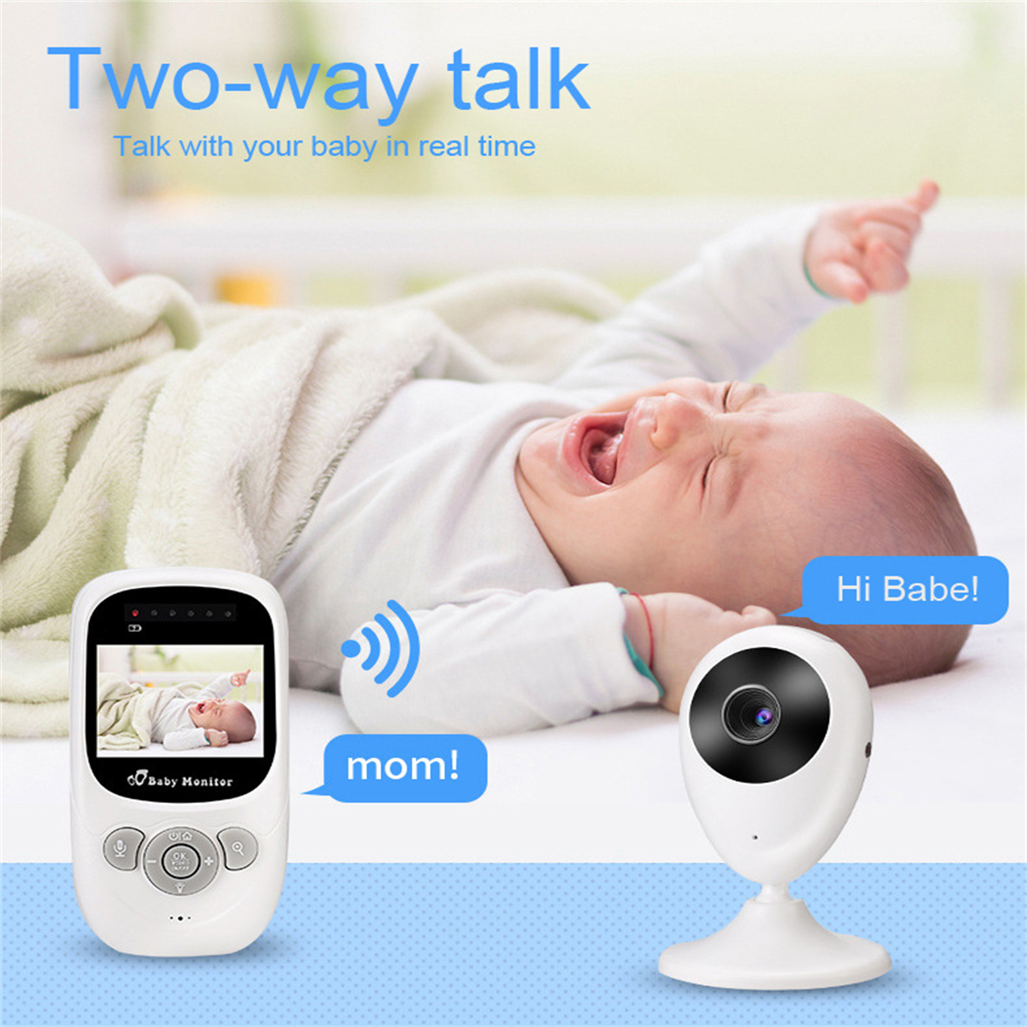 Babyphone zeigt Baby mit Sprechblasen, Zwei-Wege-Gespräch.