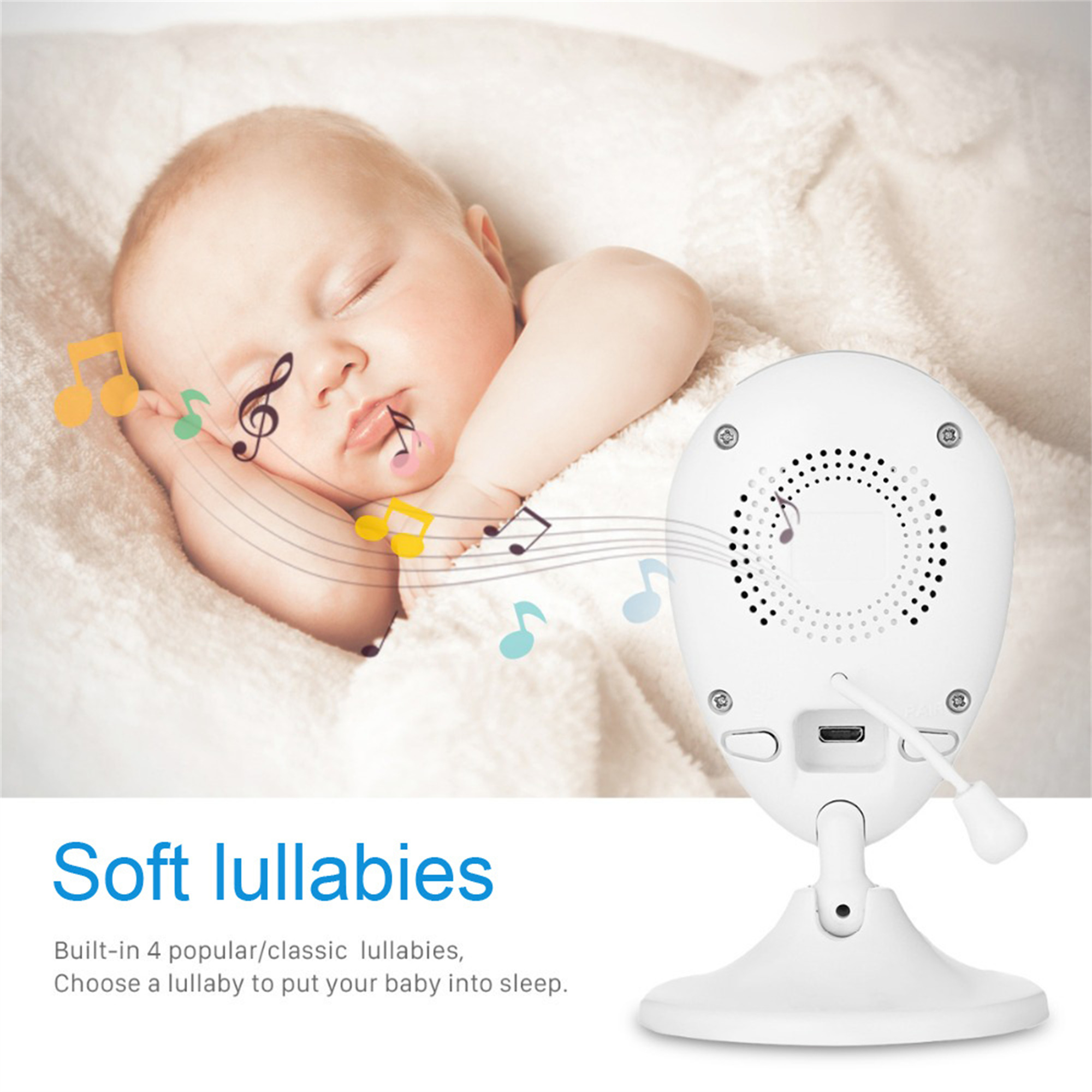 Ein Baby schläft, mit einer Babyphone-Kamera, die Noten zeigt.