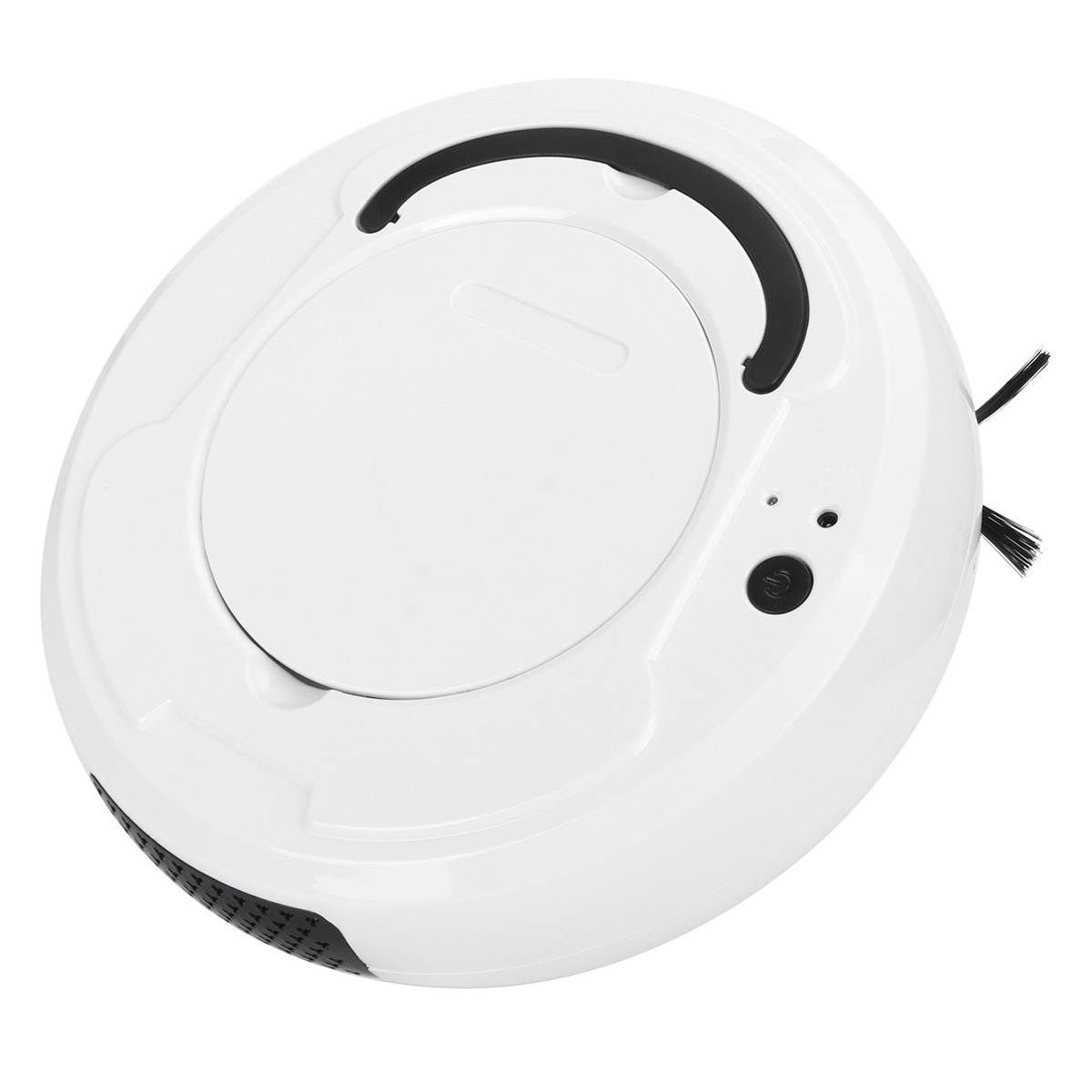 Weißer Roboter-Staubsauger. Er hat einen zentralen Knopf und zwei Bürsten. Kreisförmig.