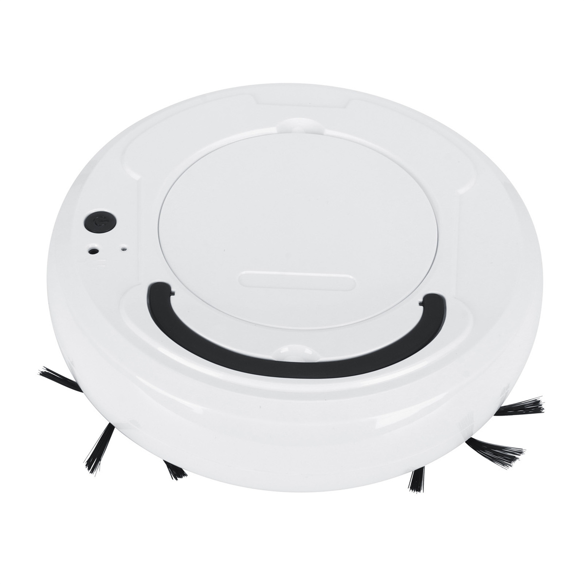 Ein weißer Roboter-Staubsauger mit schwarzer Rundbürste und gebogener Reinigungsbürste.