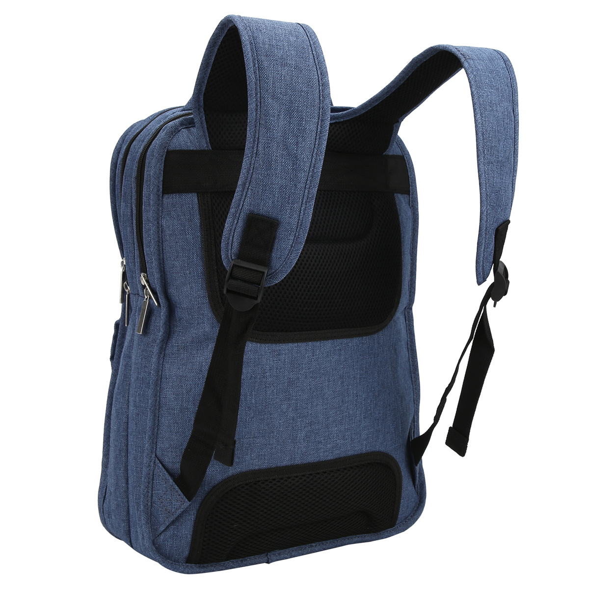 Ein blauer Rucksack mit schwarzen Trägern und einem schwarzen Netzrücken.