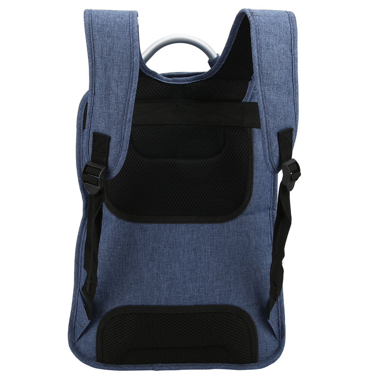 Ein blauer Rucksack mit Mesh-Rückenteil und Trägern.