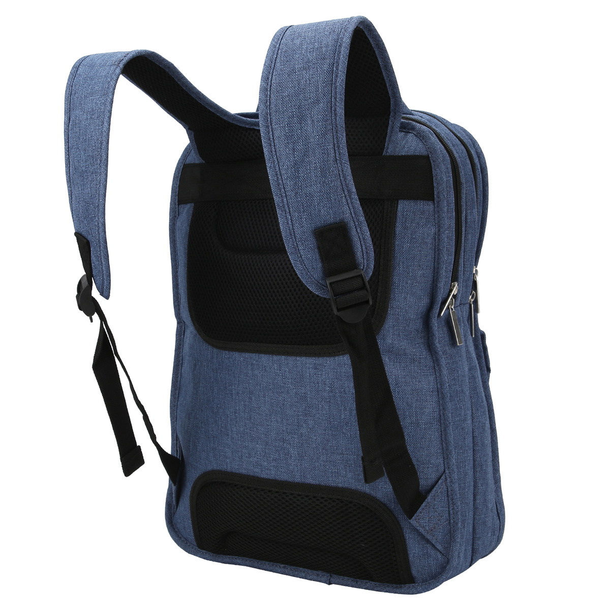 Blauer Rucksack mit schwarzen Trägern. Die Rückseite hat ein Mesh-Panel.