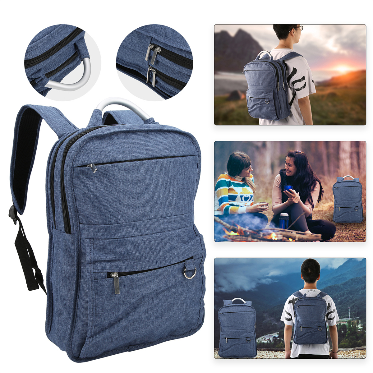 Blauer Rucksack mit mehreren Taschen, in verschiedenen Umgebungen mit Personen gezeigt.
