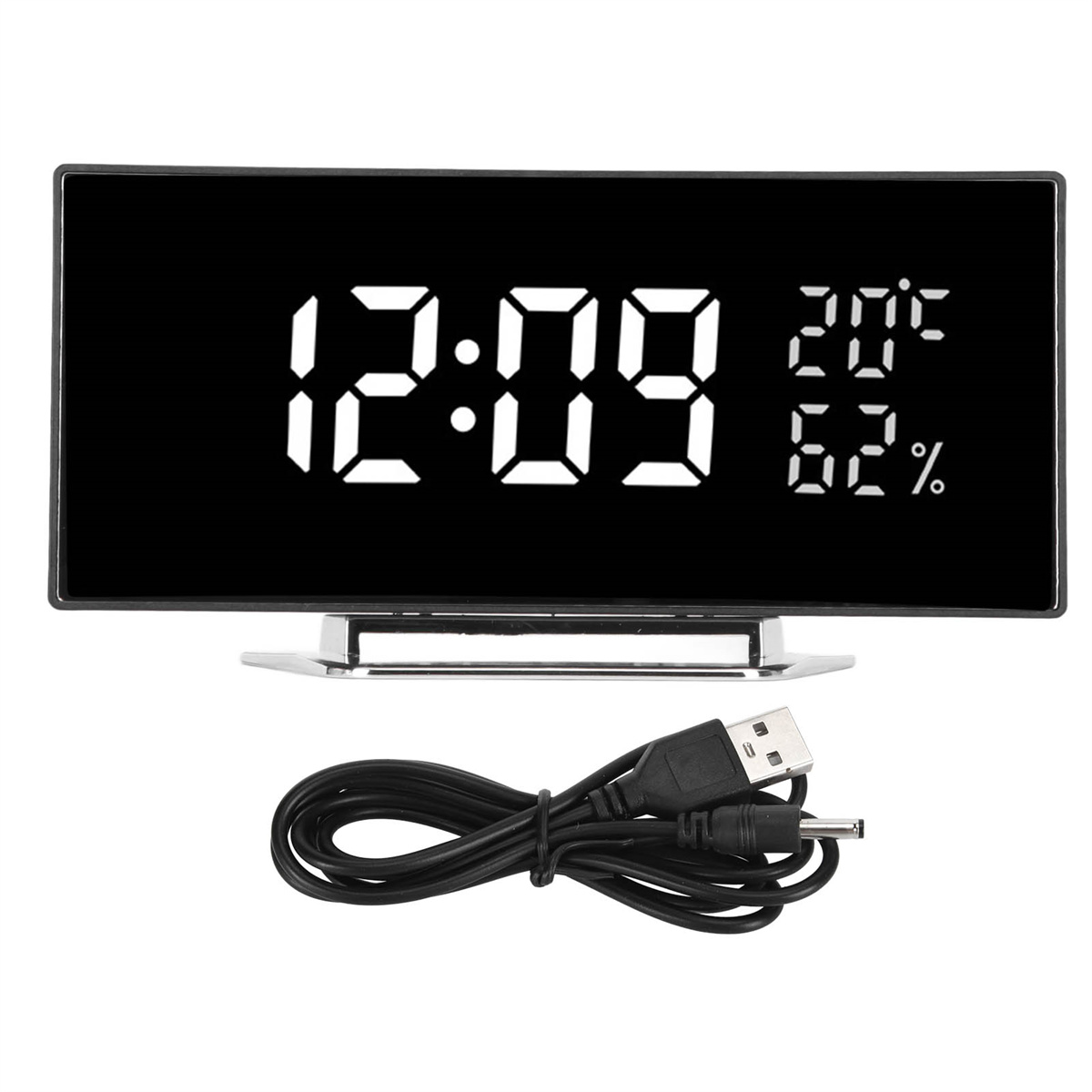 Schwarzer digitaler Wecker, der die Zeit, Temperatur und Luftfeuchtigkeit anzeigt. Ein USB-Kabel darunter.