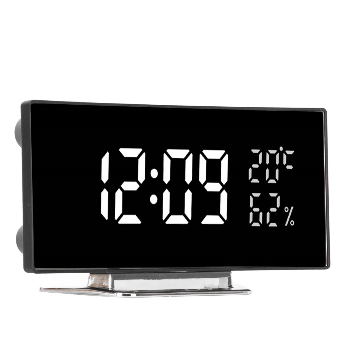 Ein schwarzer digitaler Wecker mit Anzeige von Zeit, Temperatur und Luftfeuchtigkeit.