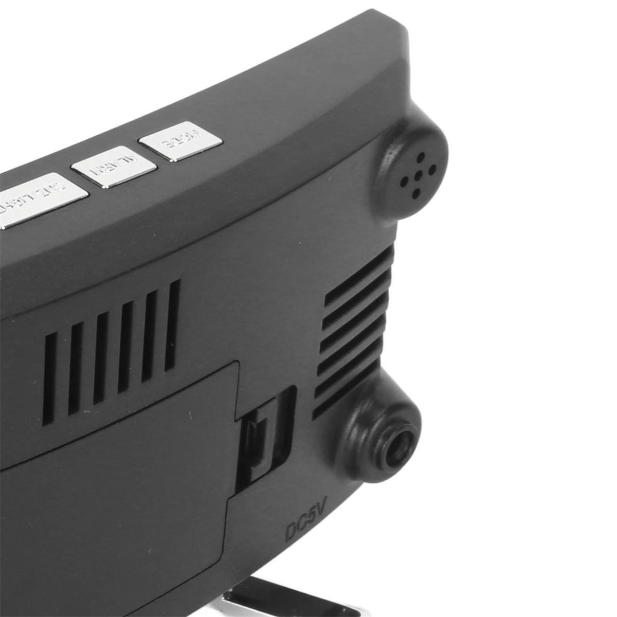 Schwarzer digitaler Wecker mit Knöpfen und einem DC5V-Eingang. Nahaufnahme.
