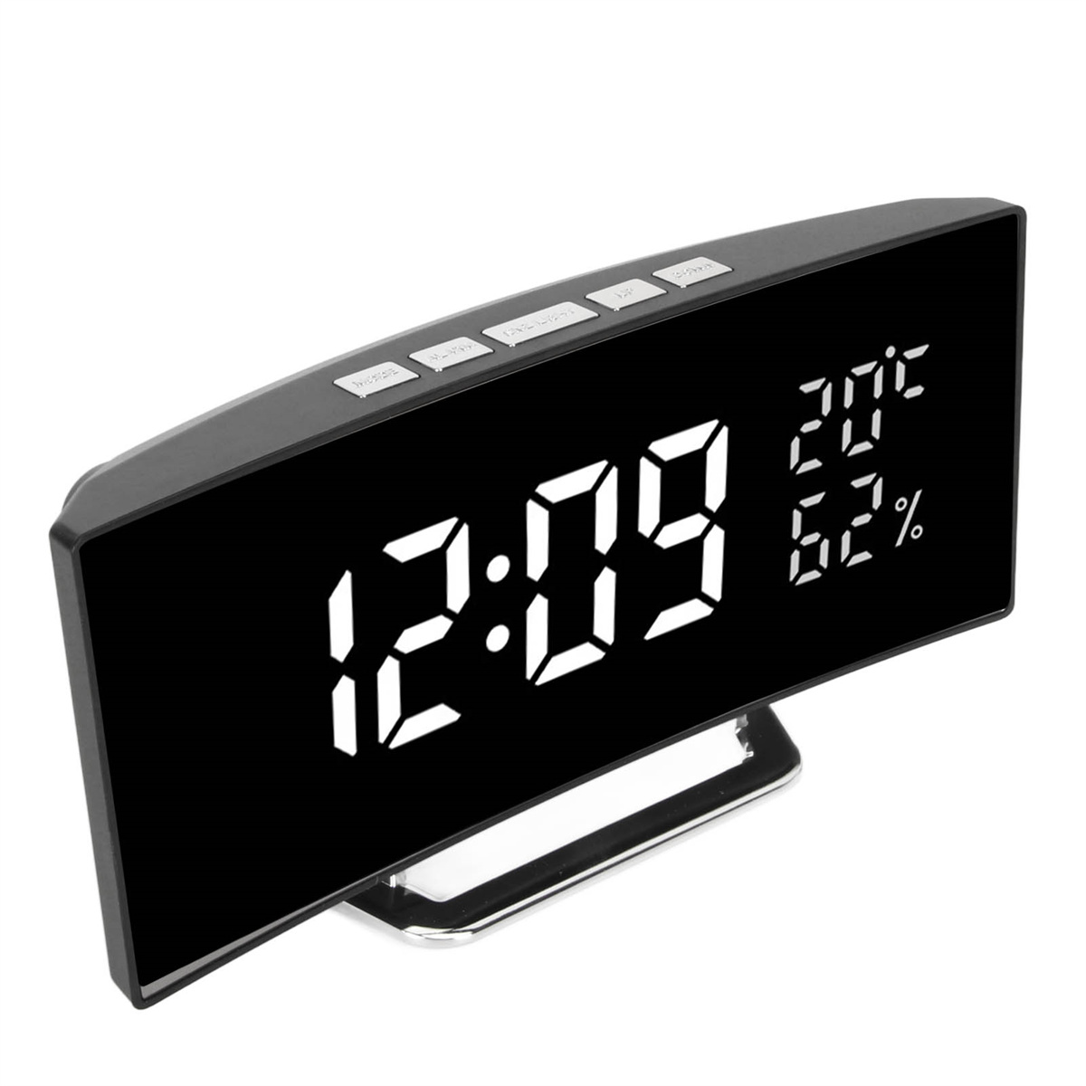 Ein schwarzer digitaler Wecker mit Anzeige von Zeit, Temperatur und Luftfeuchtigkeit.