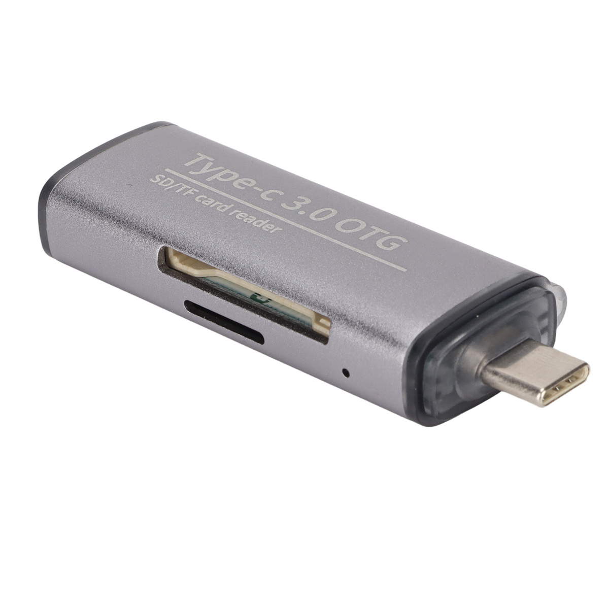 Grauer Typ-C 3.0 OTG SD/TF-Kartenleser mit Kartensteckplatz und USB-C-Anschluss.