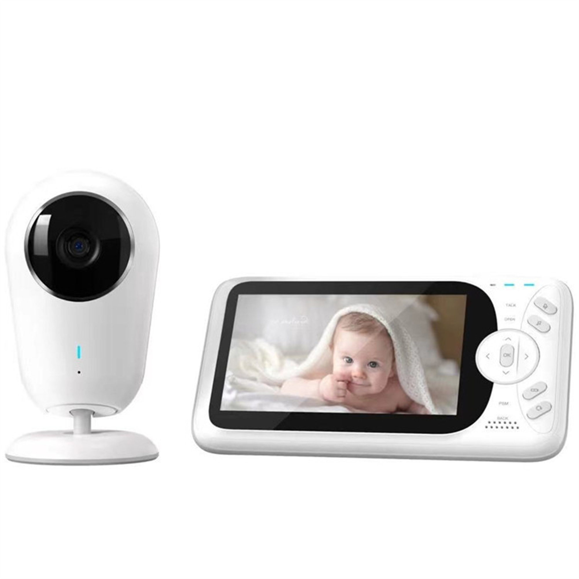 Ein Babyphone-Set mit Kamera und Bildschirm, das ein Baby zeigt.