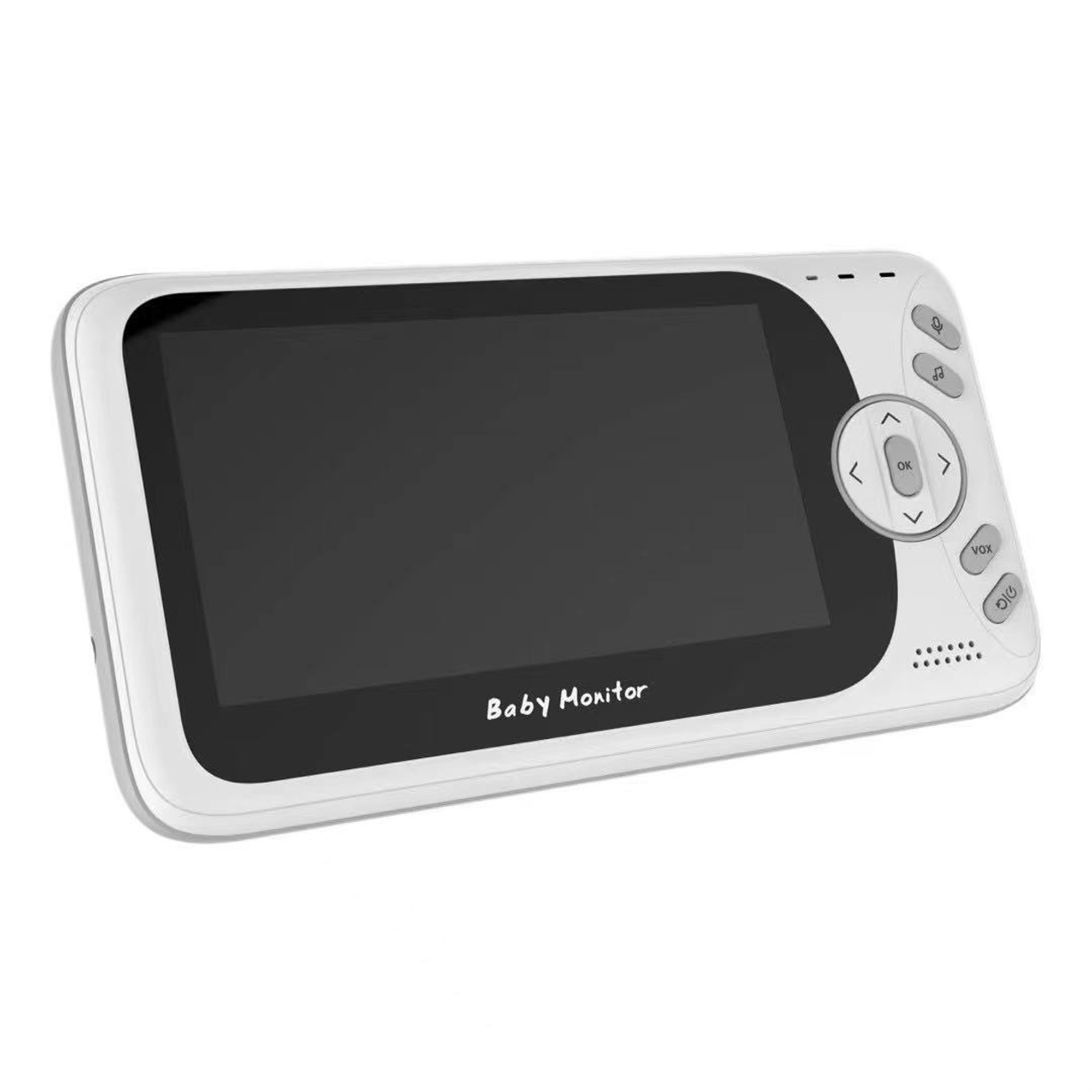 Ein weißer Babyphone mit schwarzem Bildschirm und Knöpfen. Baby Monitor steht auf dem Gerät.