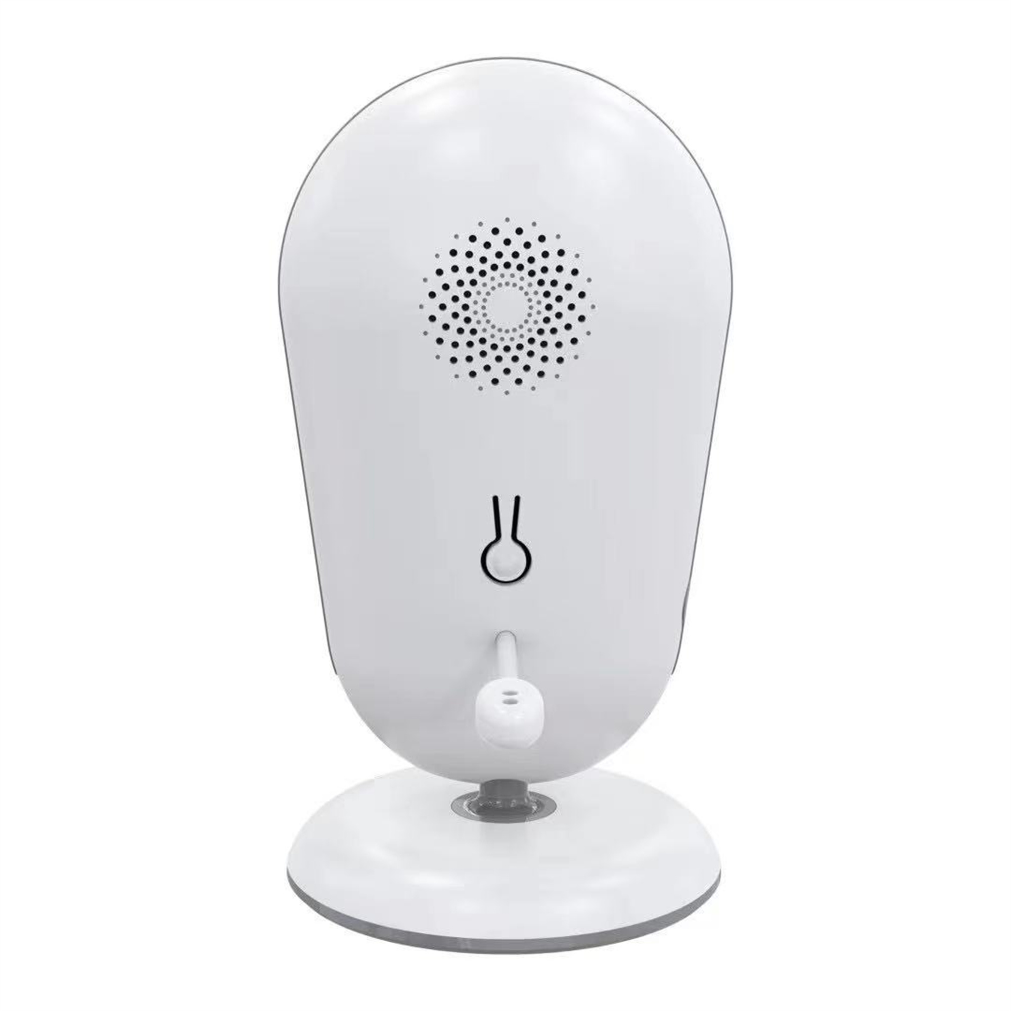 Ein weißer Babyphone mit einem kreisförmigen Lautsprecher und einem Stromanschluss. Die Rückseite ist gezeigt.