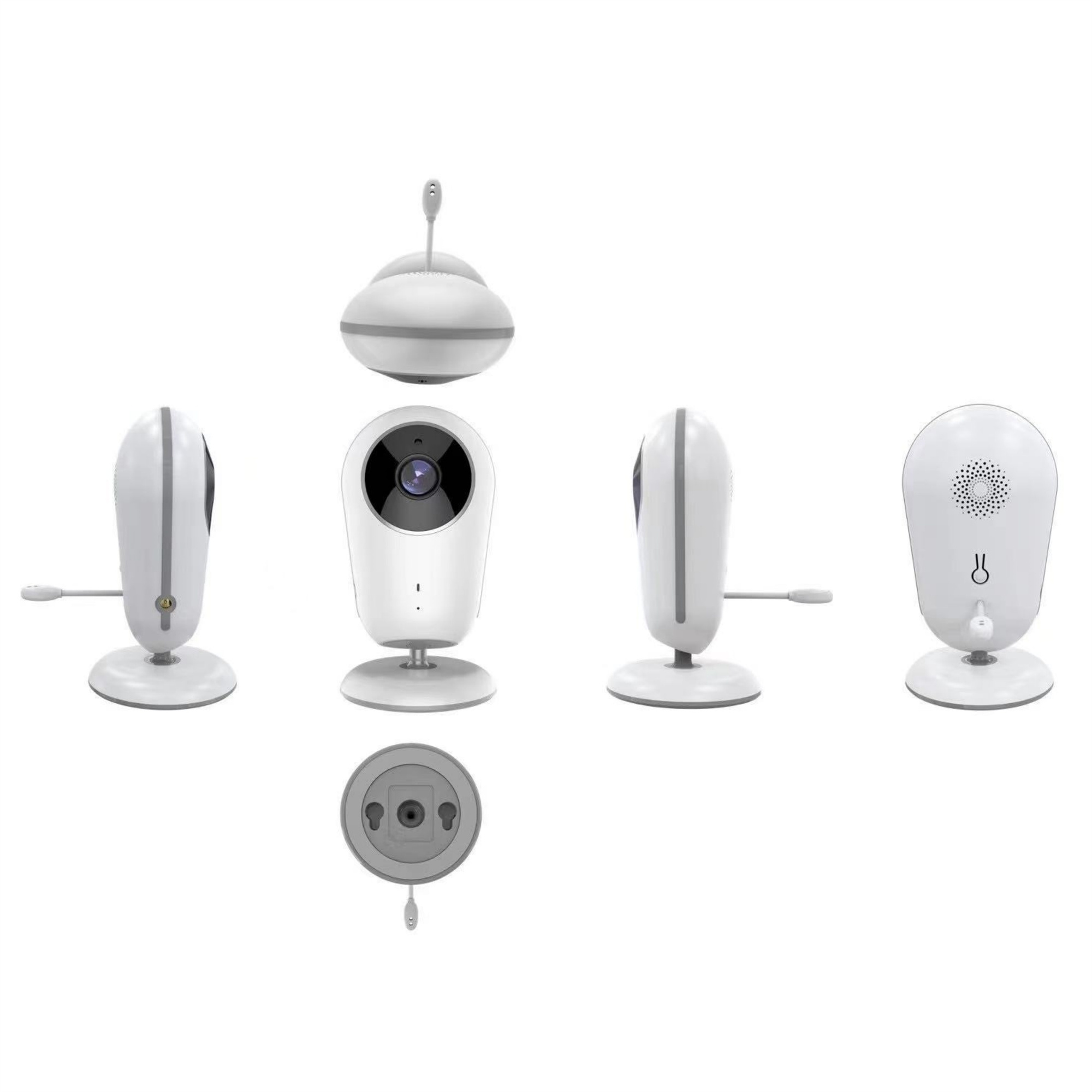 Babyphone mit Kameras in verschiedenen Ansichten, mit weißem Gehäuse und Antennen.