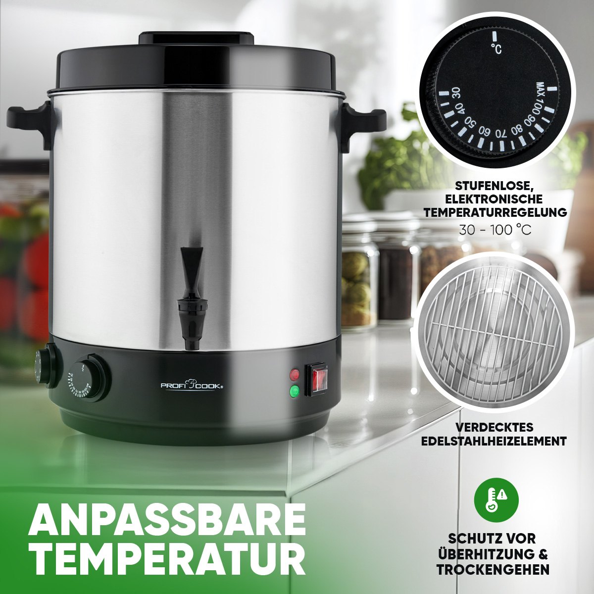 Edelstahl-Wasserkocher mit Details, Temperaturregler, Text und weißem Küchenhintergrund.