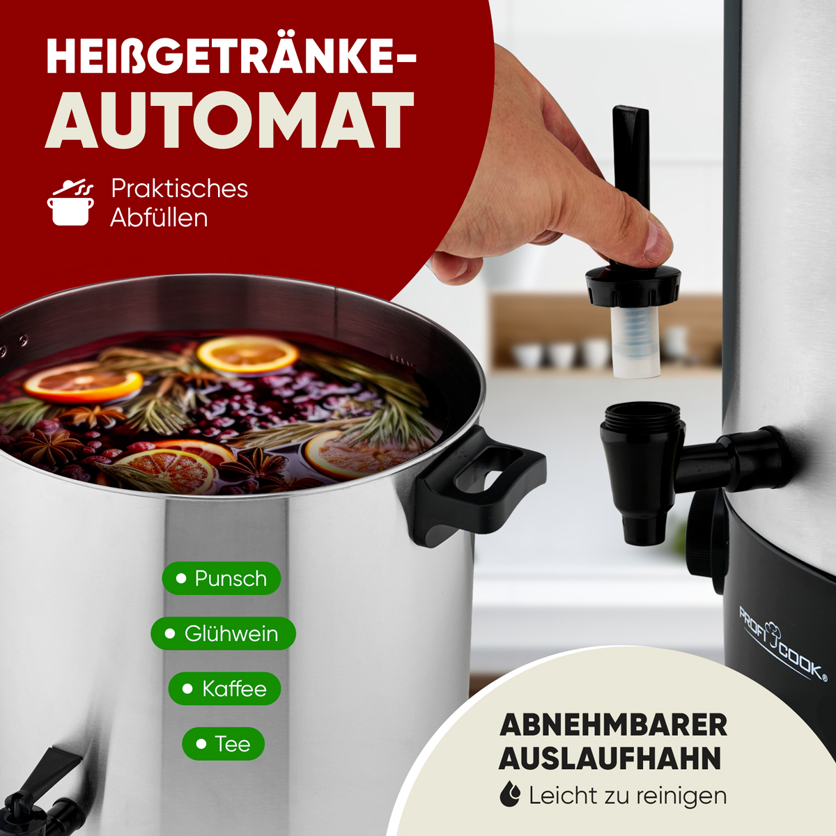 Ein Heißgetränkeautomaten, aus dem eine Person ausschenkt.