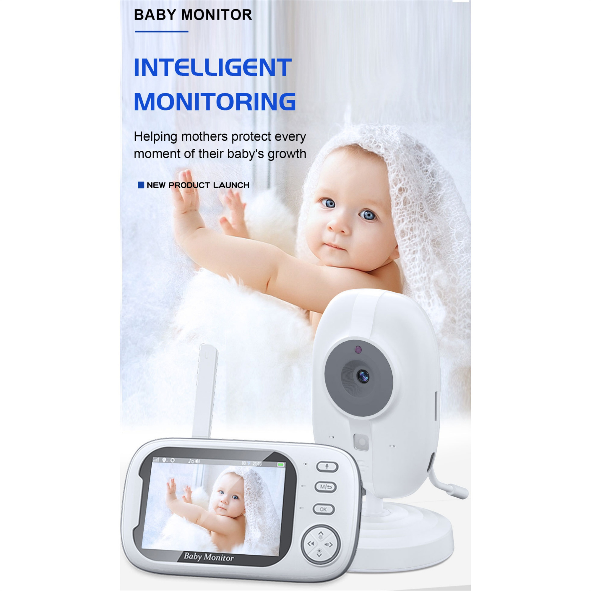 Babyphone mit Baby und Monitorbildschirm. Der Text lautet: Intelligente Überwachung.