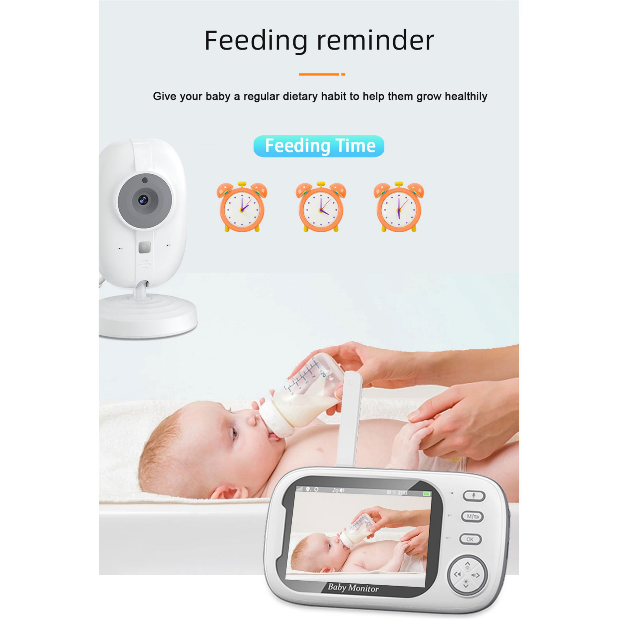 Baby wird gefüttert, Babyphone zeigt Fütterung. Wecker zeigen Fütterungszeiten an.