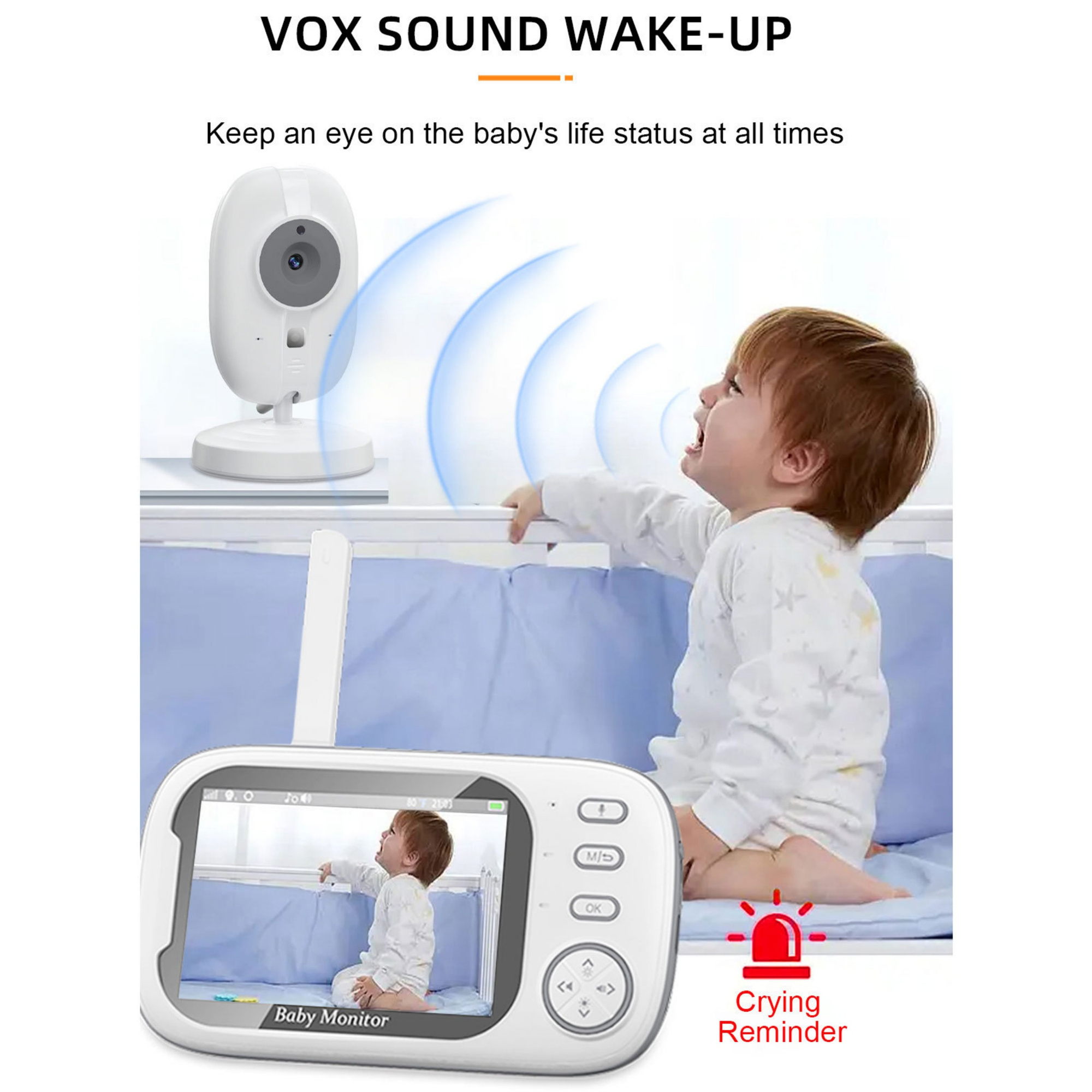 Ein Babyphone, das ein Baby im Laufgitter zeigt, mit einem Erinnerungssymbol.