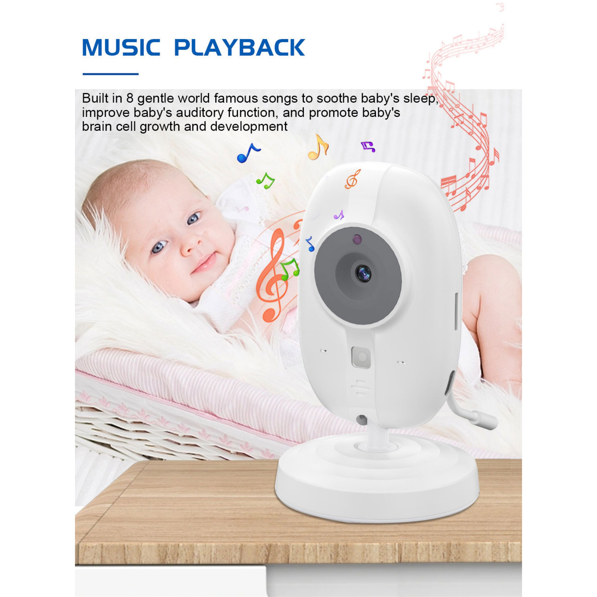 Eine Babyfonkamera mit einem Baby im Kinderbett. Die Kamera ist weiß, und es gibt Noten.