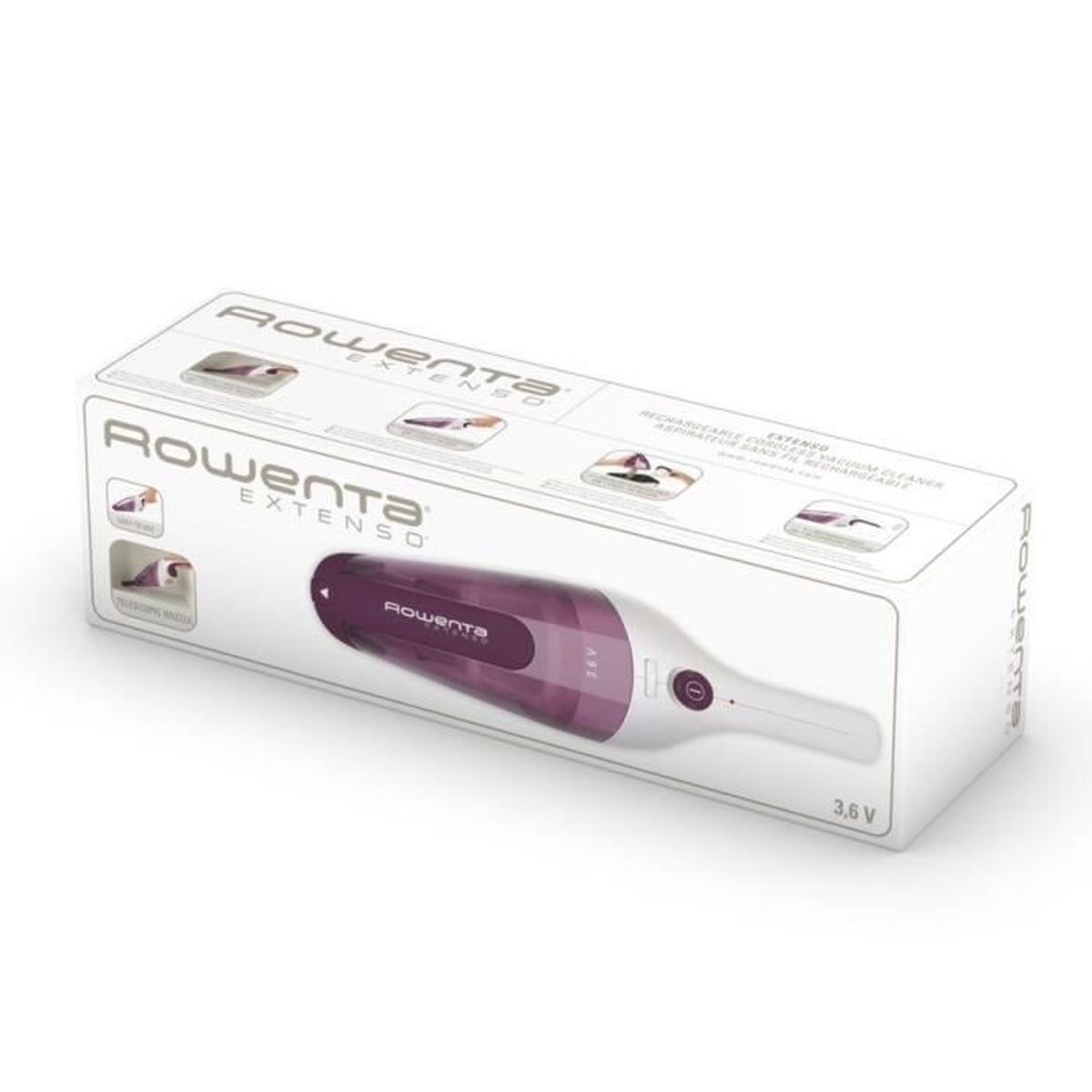 Rowenta Extenso vacuum cleaner box; vacuum cleaner inside, purple and white.