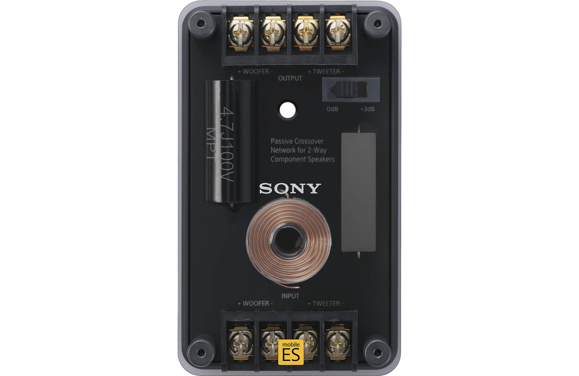 Ein schwarzes passives Sony-Frequenzweichennetzwerk für 2-Wege-Komponentenlautsprecher.