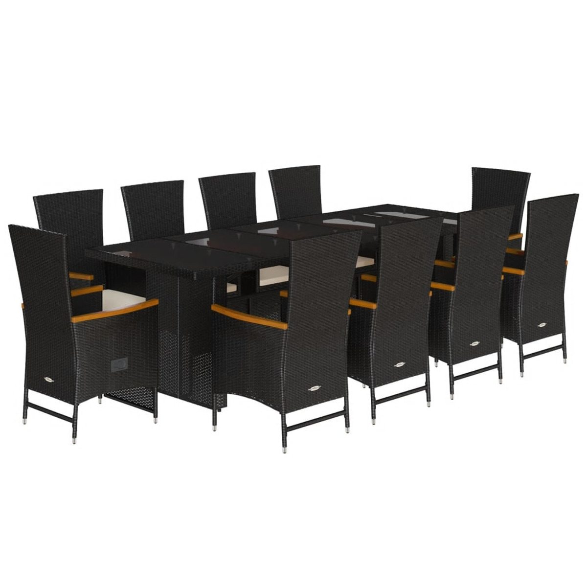 Un set da pranzo nero per esterni con un tavolo rettangolare e 10 sedie in vimini nere.