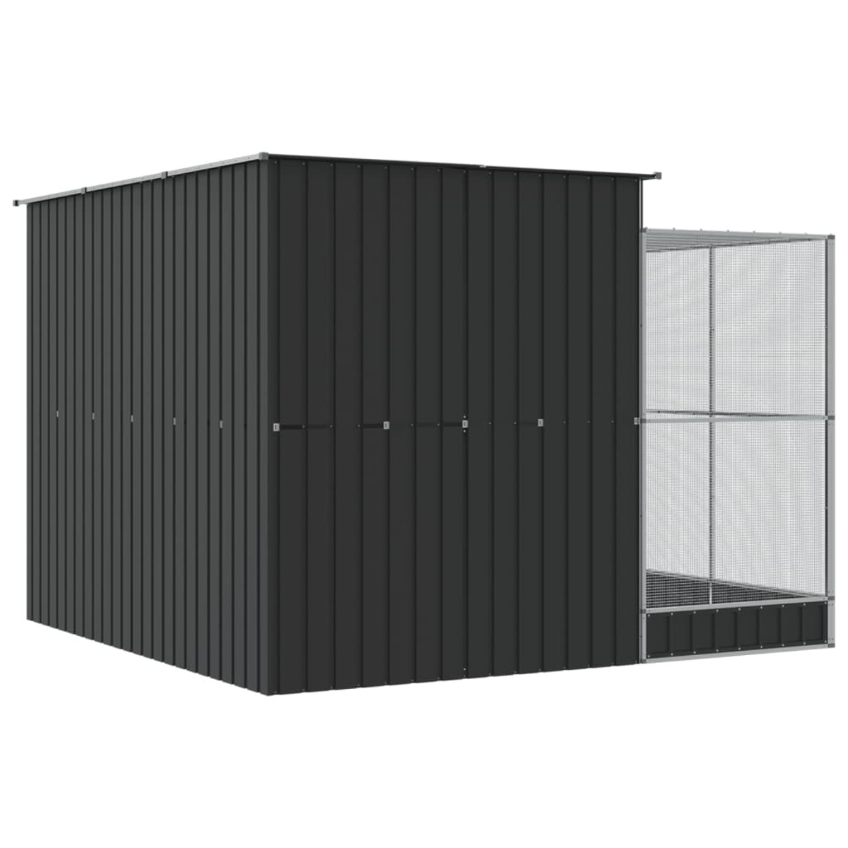 Schwarze Outdoor-Aufbewahrungseinheit aus Metall. Sie hat eine Tür und ein Maschengehäuse.