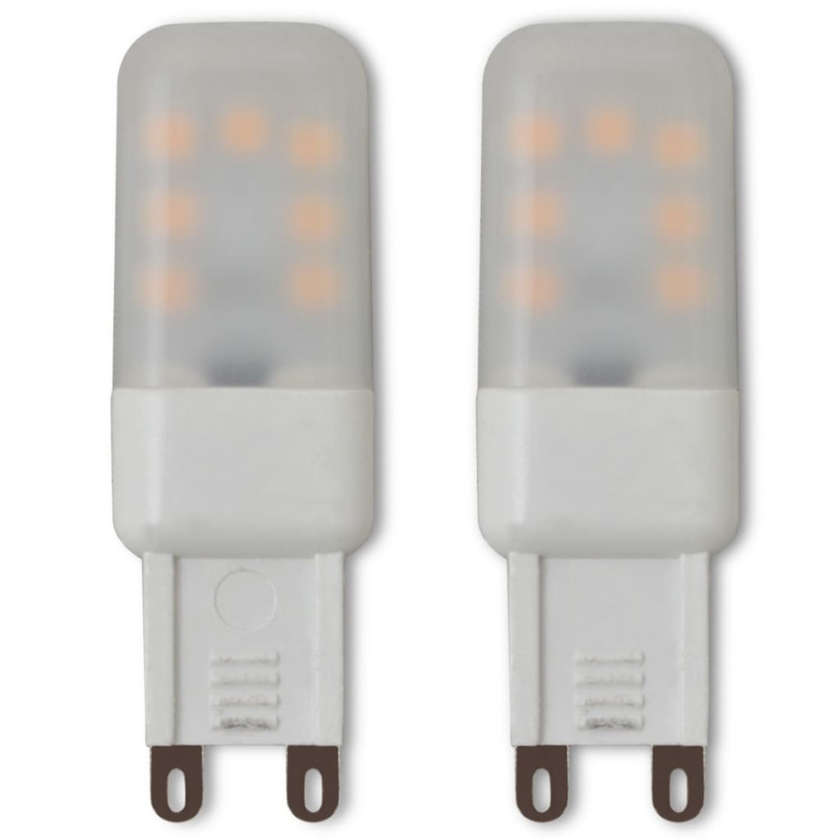 Due lampadine a LED bianche con LED arancioni visibili, con piedini marroni in basso.