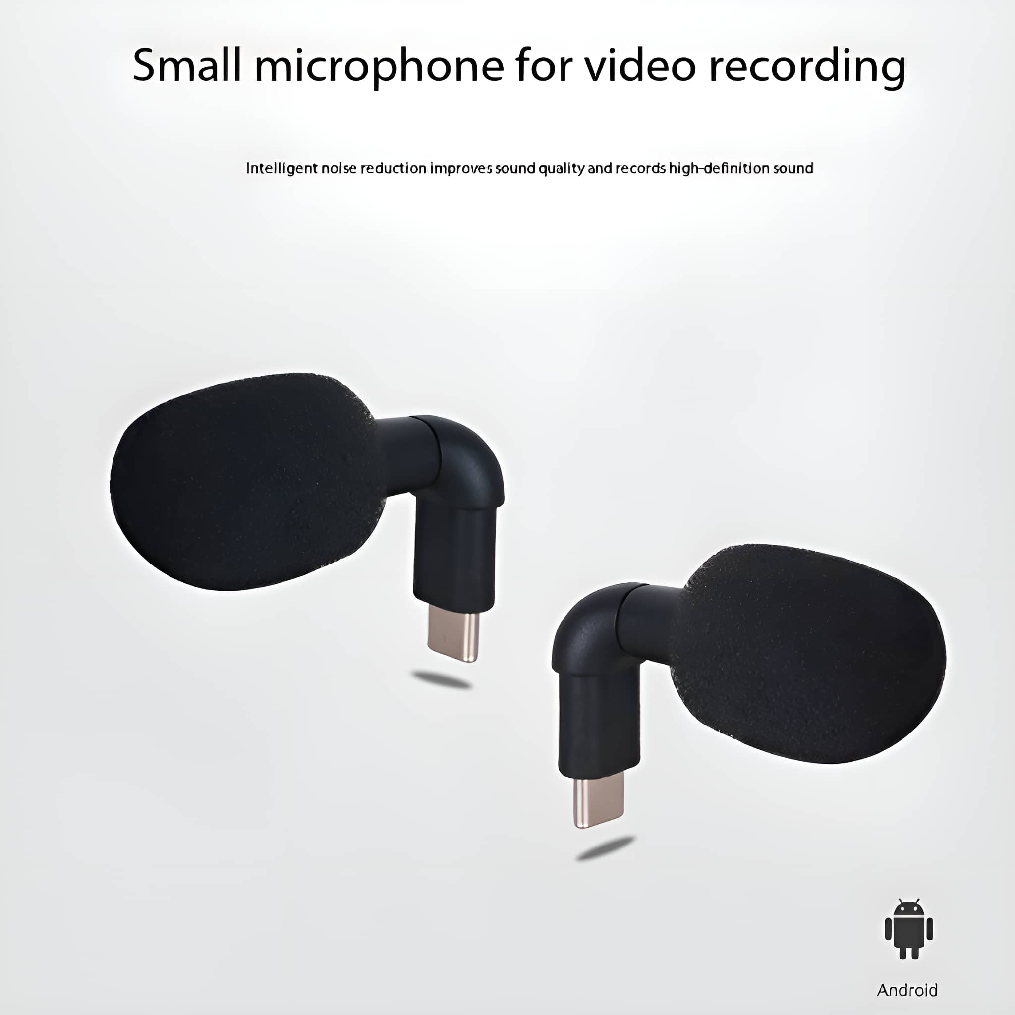 Zwei kleine schwarze Mikrofone mit Schaumstoffabdeckungen und USB-C-Anschlüssen für Android-Geräte.