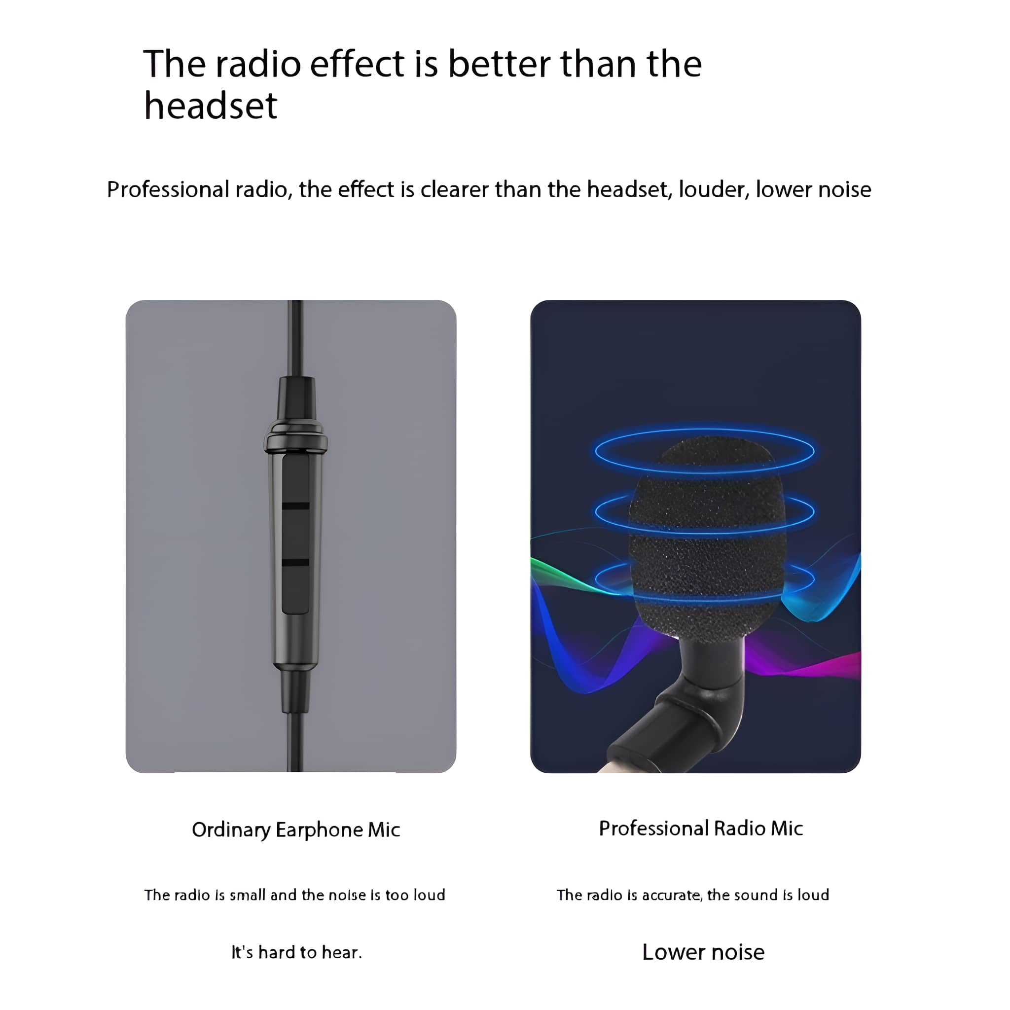 Diagramm zum Vergleich von gewöhnlichen und professionellen Mikrofonen. Text: 'Radioeffekt ist besser als Headset'.