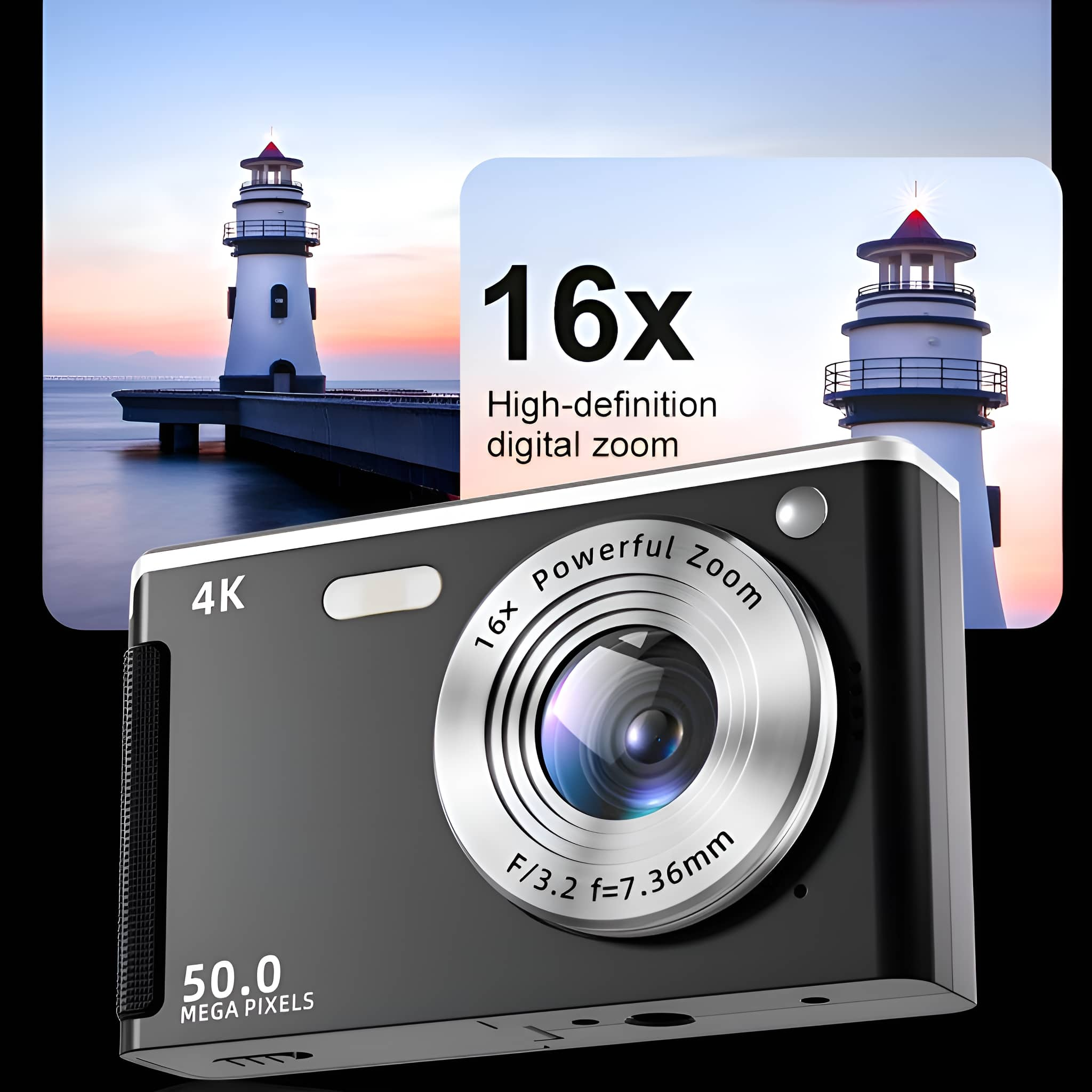 Eine schwarze Digitalkamera mit 16x Zoom. Das Foto zeigt einen Leuchtturm am Meer. 50,0 Megapixel.