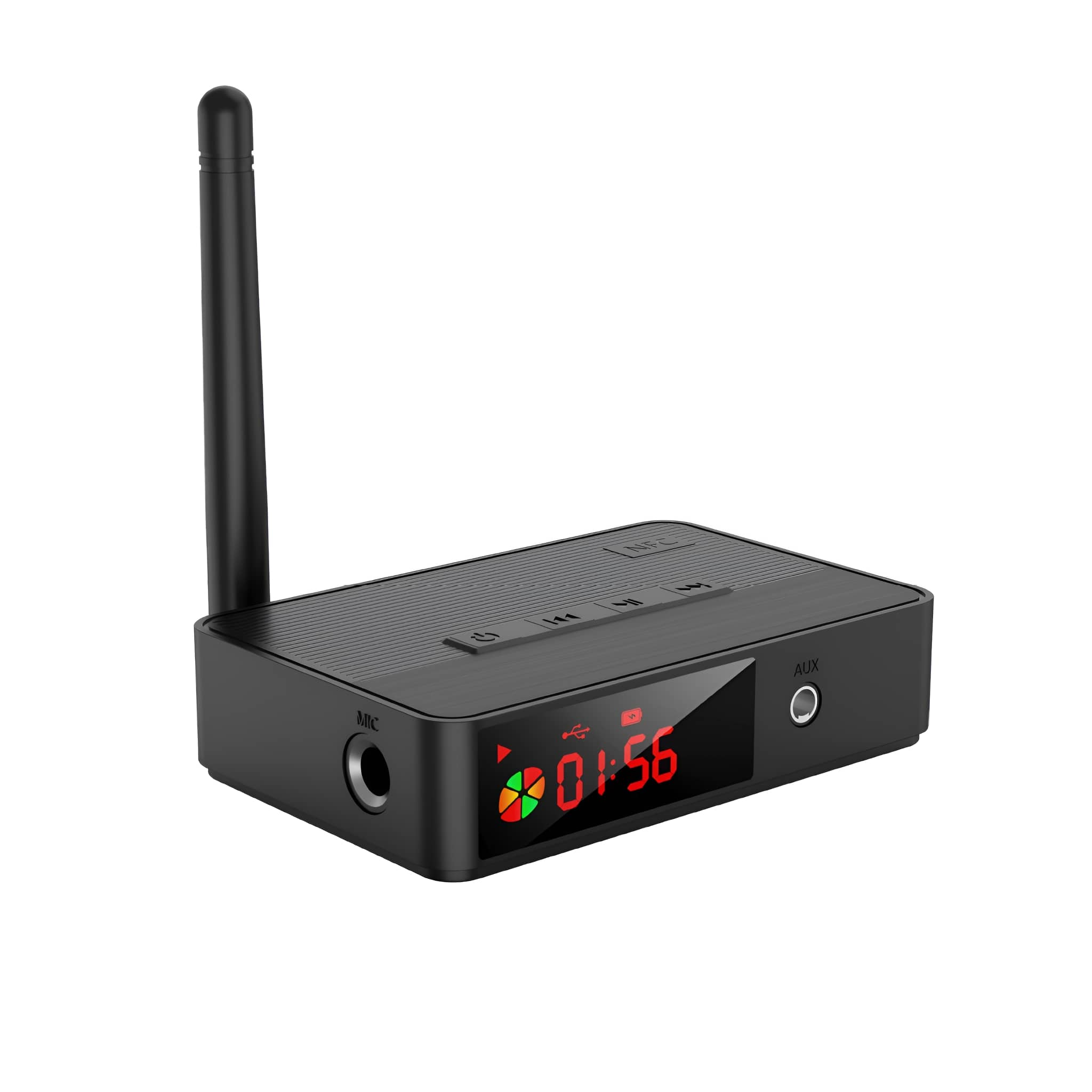Schwarzes Gerät mit Antenne und Display. Das Display zeigt eine rote Digitaluhr. Weißer Hintergrund.
