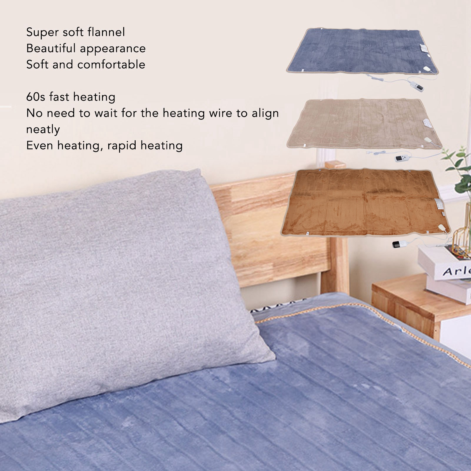 Drei Heizdecken in verschiedenen Farben auf einem Bett mit einem Kissen. Text beschreibt die Eigenschaften der Decken.