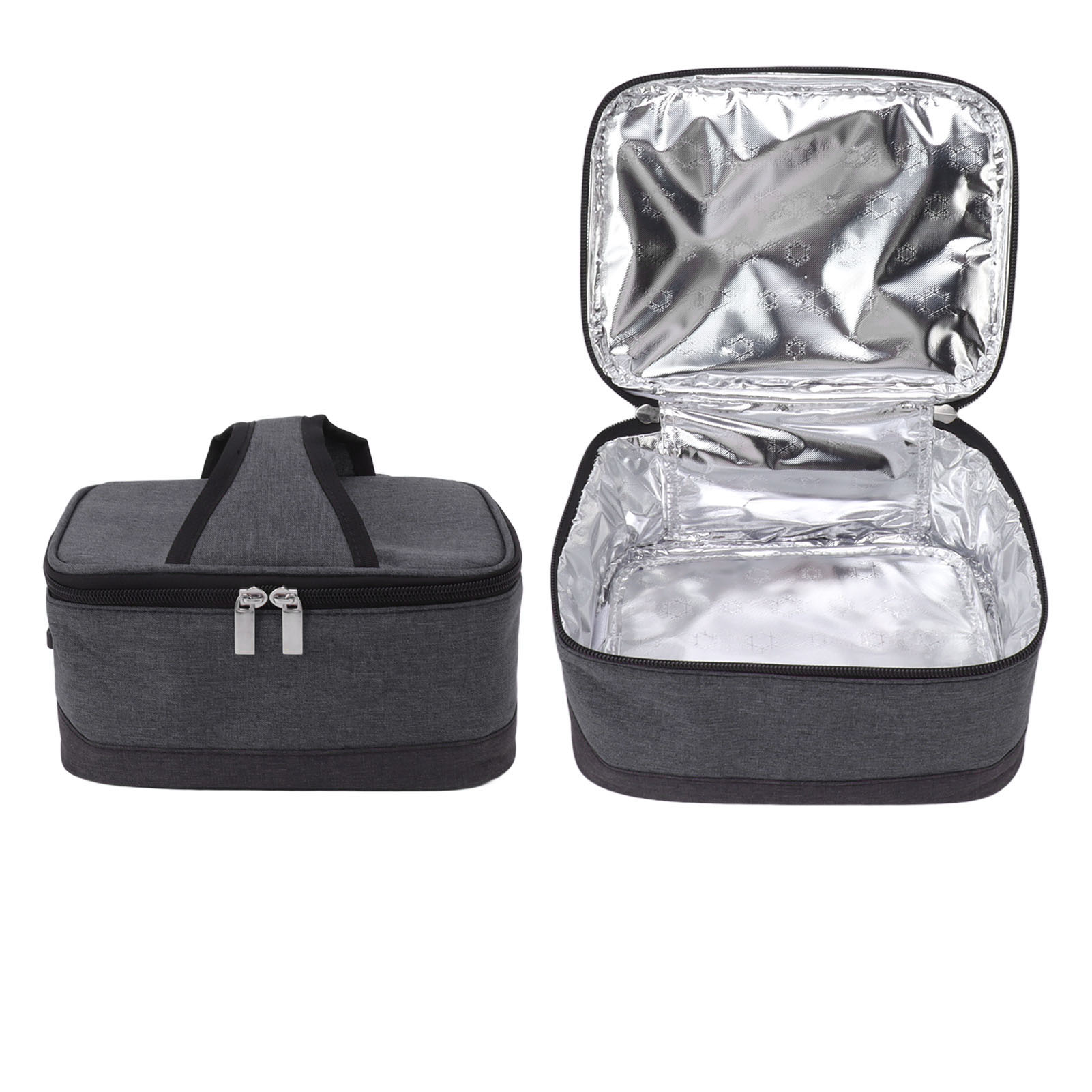 Graue isolierte Lunchtasche mit Griffen, zwei Reißverschlüssen und offener Version. Weißer Hintergrund.