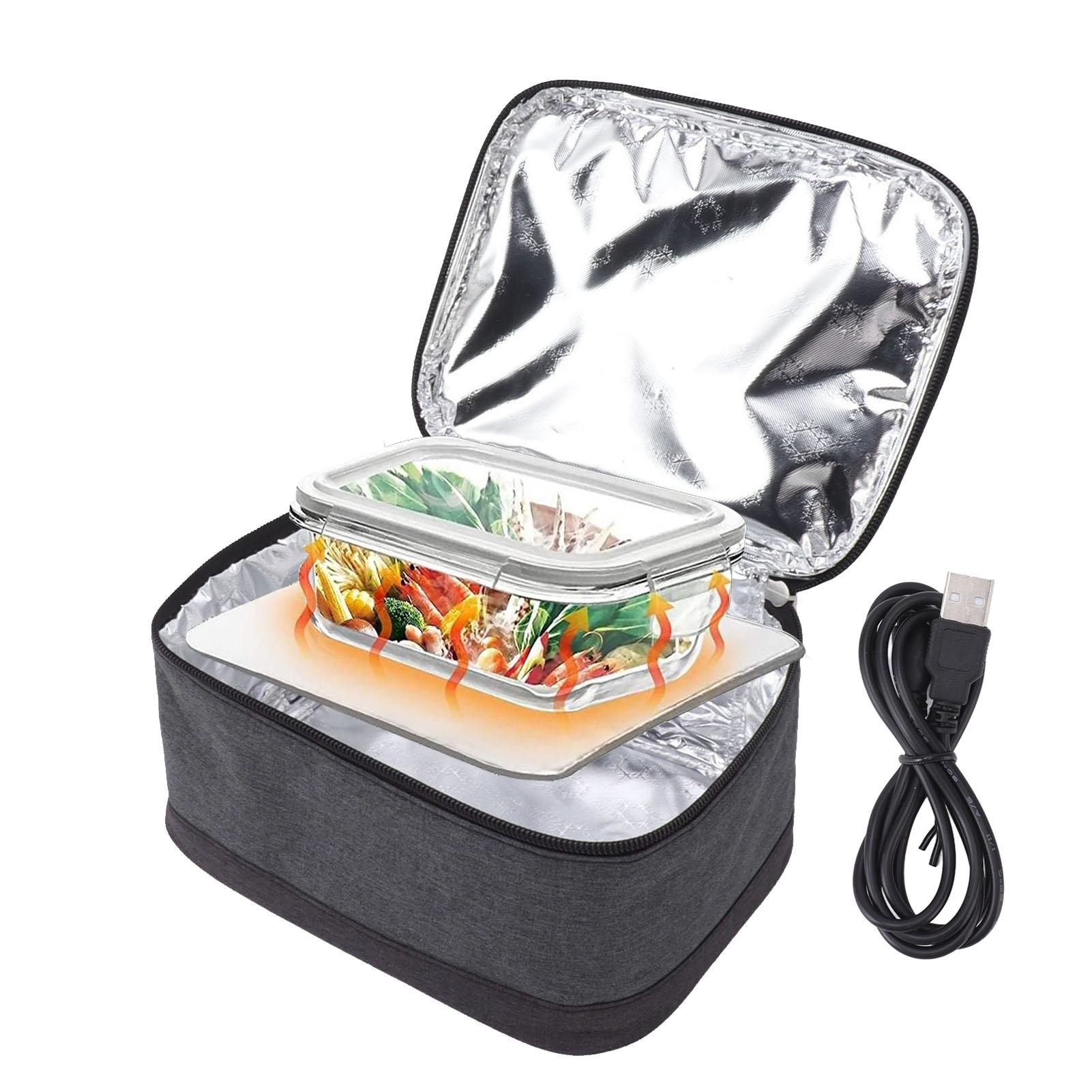Beheizte Lunchbox mit Essen, USB-Kabel, offen, vor weißem Hintergrund.