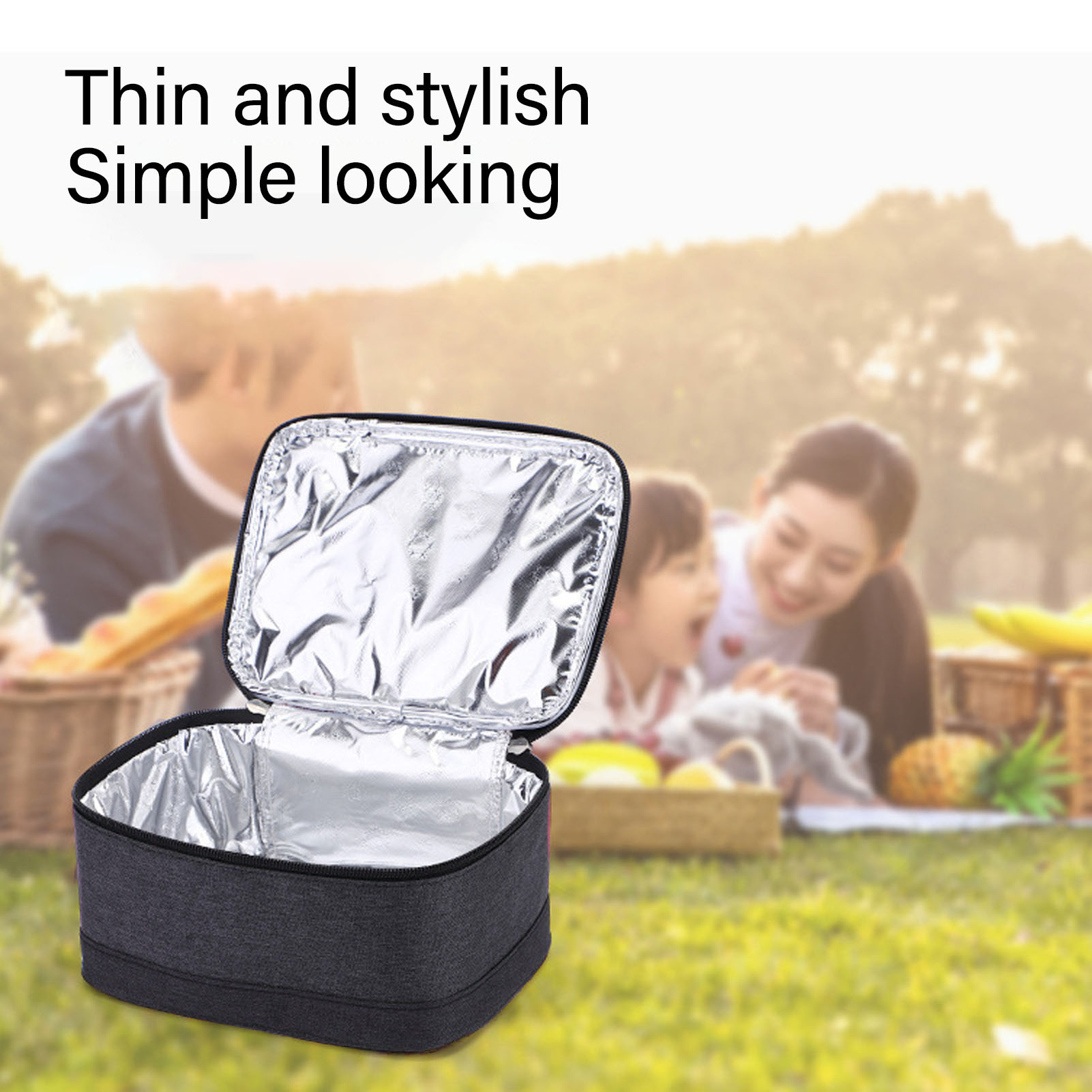Eine offene Lunchtasche mit einem unscharfen Bild von Menschen in einem Park.