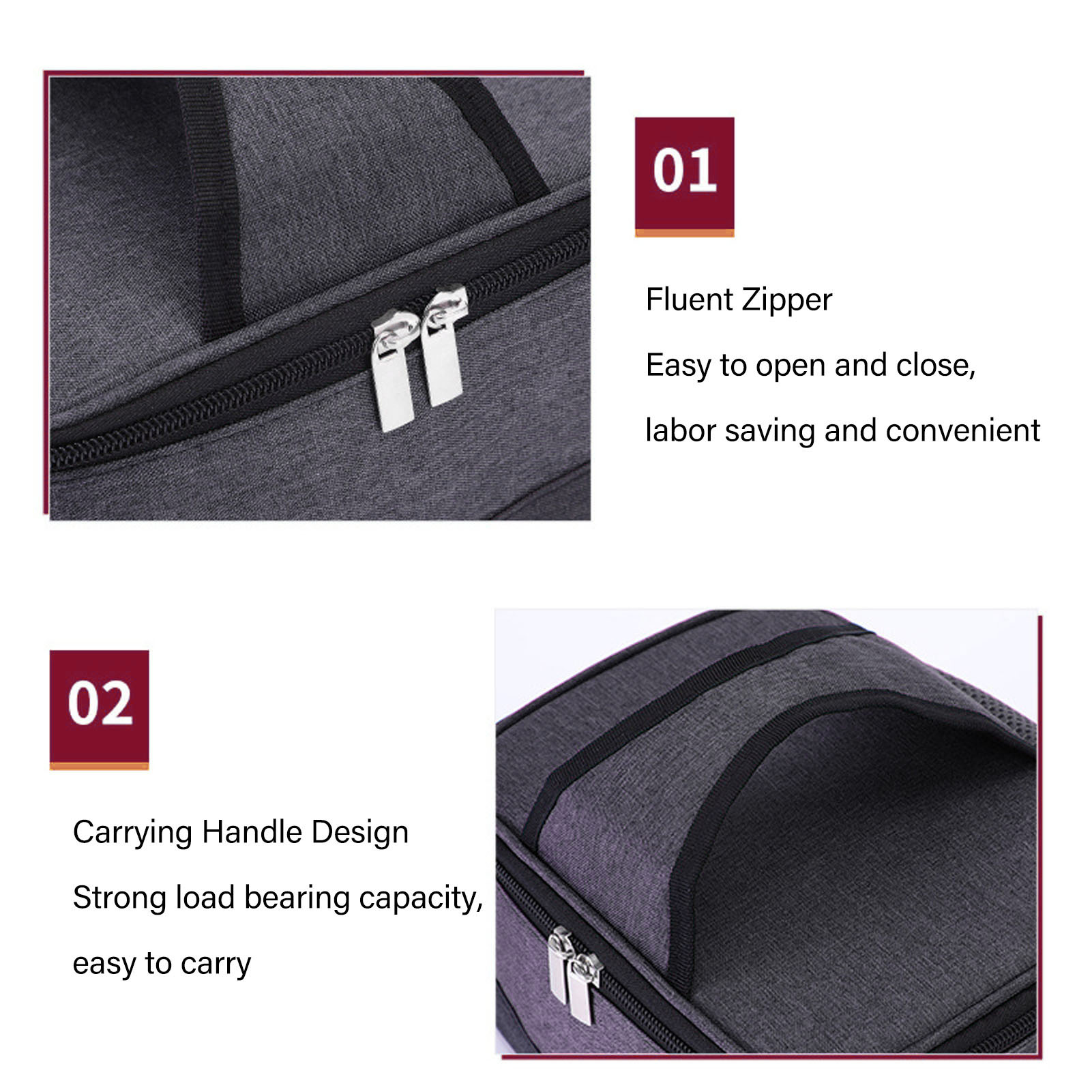 Nahaufnahme einer grauen Tasche mit Reißverschlüssen und einem Griffdesign. Es zeigt Reißverschlussdetails und Tragefunktionen.