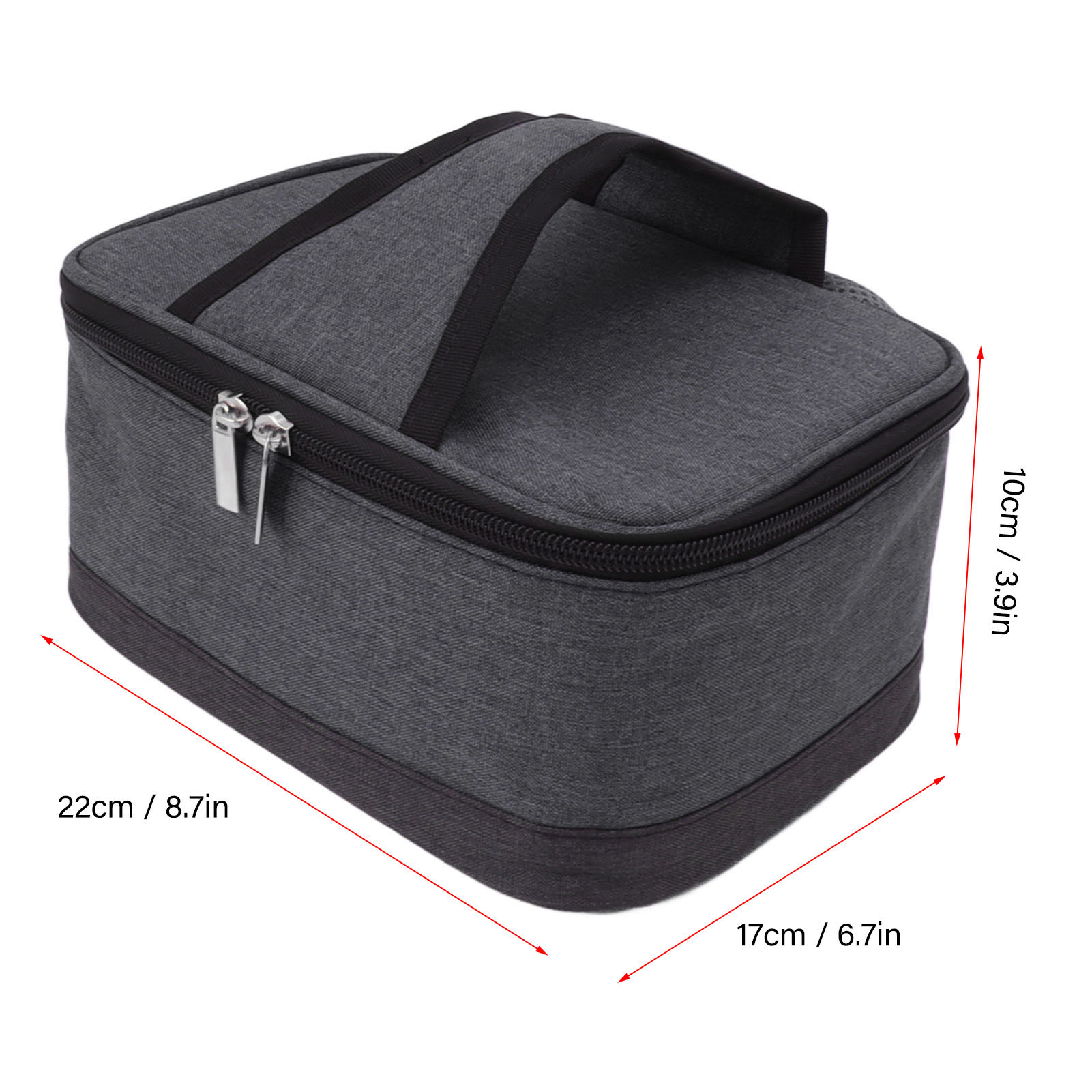 Eine graue, rechteckige Lunchtasche mit angegebenen Abmessungen. Griff und Reißverschluss sichtbar.