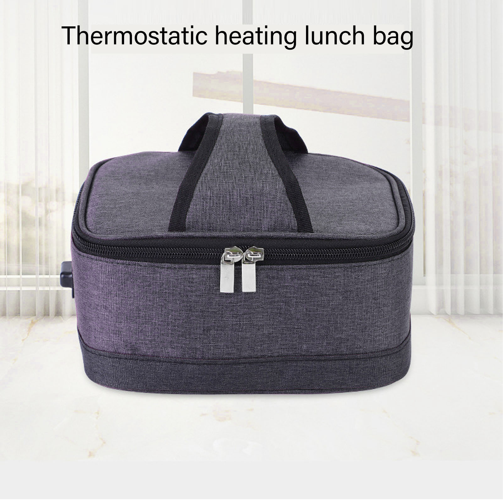 Graue Lunchtasche mit Reißverschluss. Text: Thermostatische Heiz-Lunchtasche.