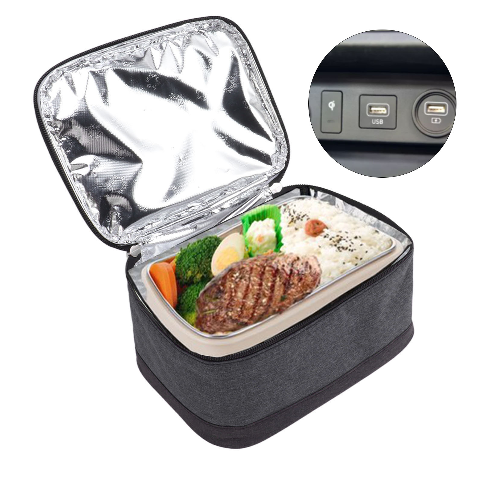 Eine Lunchbox mit Fächern, die zubereitetes Essen enthält, und einem USB-Anschluss zum Aufladen.