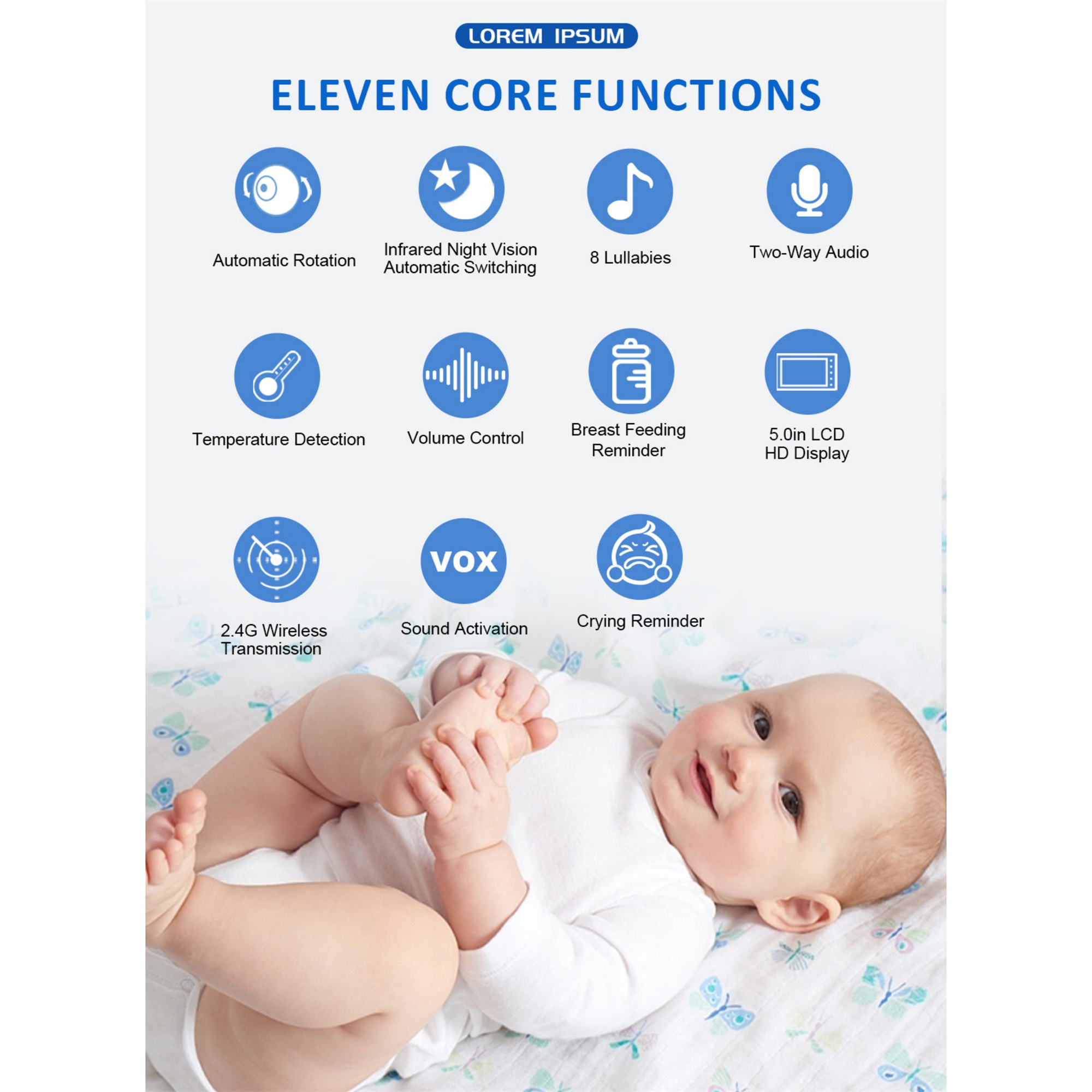 Baby liegt auf einer Decke. Illustrationen von Symbolen. Text auf Englisch: Eleven Core Functions.